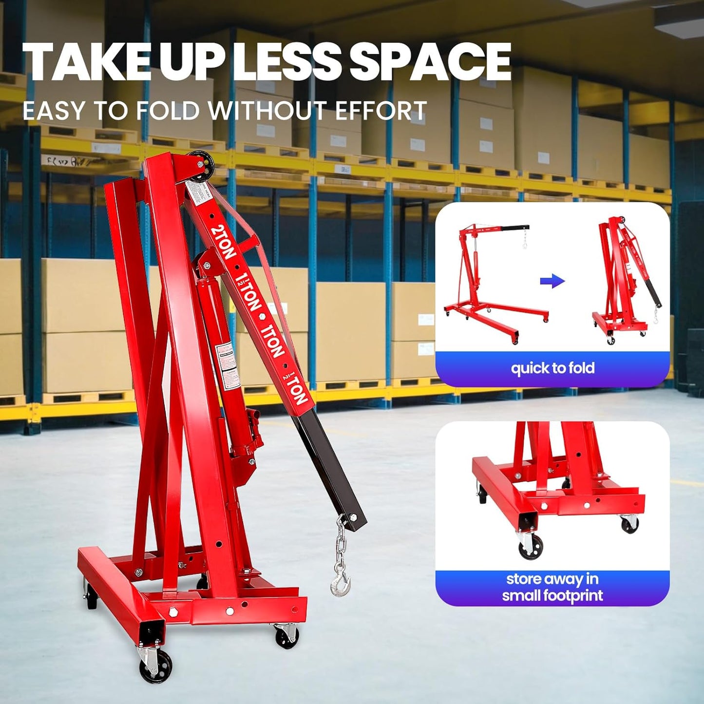 Engine Lift, 2 Ton Engine Hoist Cherry Picker with Quick Fold & 6 Steel Casters, 4400LBS Heavy-Duty Hydraulic Crane, Adjustable 4-Position Boom & 8T Pump for Garage Use 56.2"x50.6"x37"