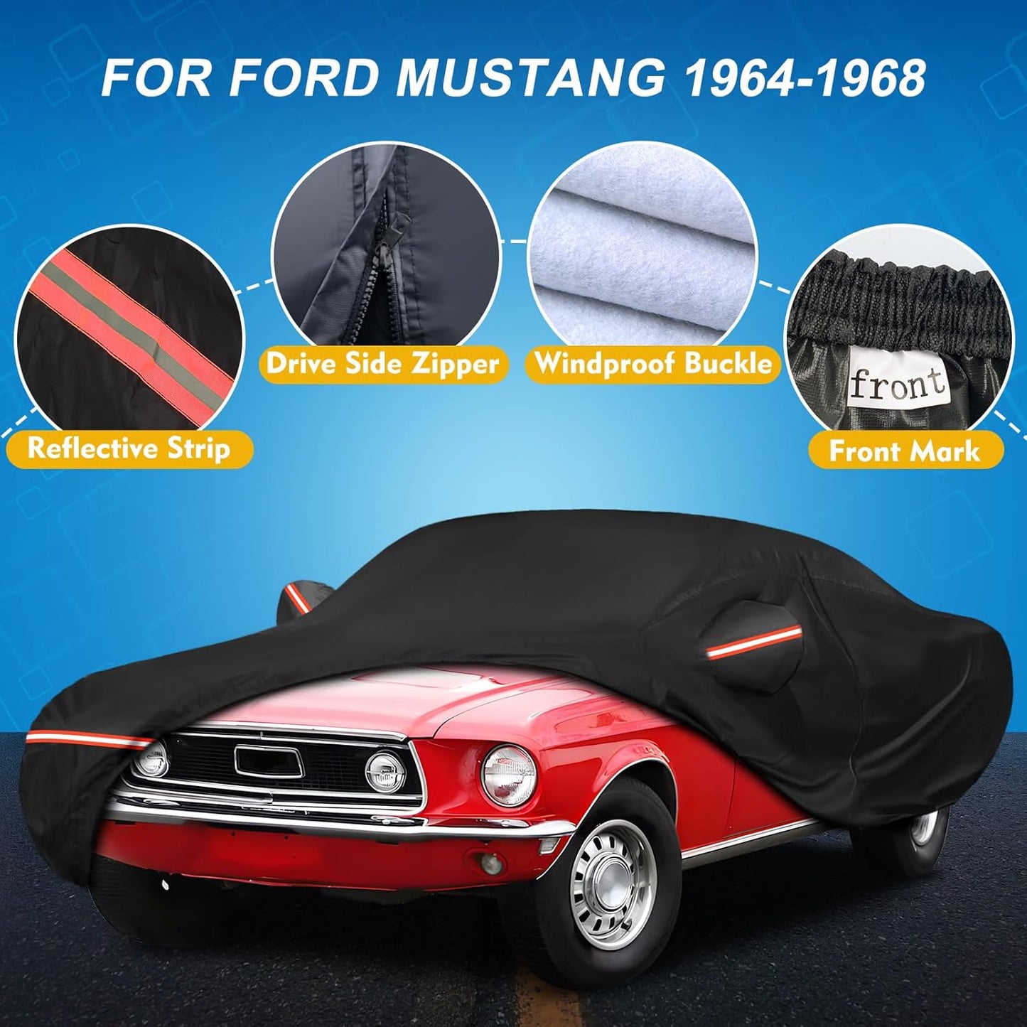 QUNSUNUS 6 Layer Car Cover for Ford Mustang 1964-1968 Waterproof All Weather 210D Windproof for Ford Mustang Car Cover Hail Protection with Zipper