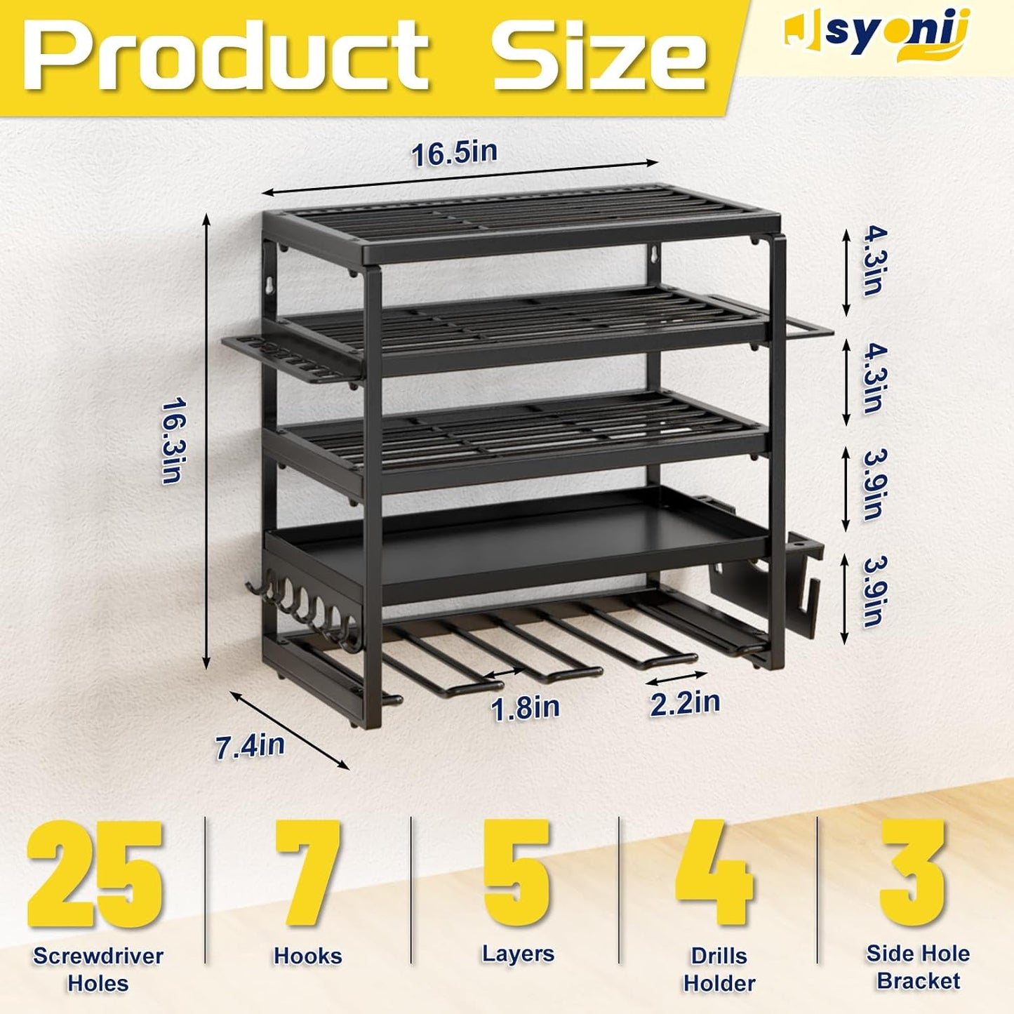 Power Tool Organizer, 5 Layer Drill Holders Wall Mount, Heavy Duty Metal Organizers and Storage Rack for Garage Organization, Tools Shelves with Screwdriver Plier Hammer Holder, Black