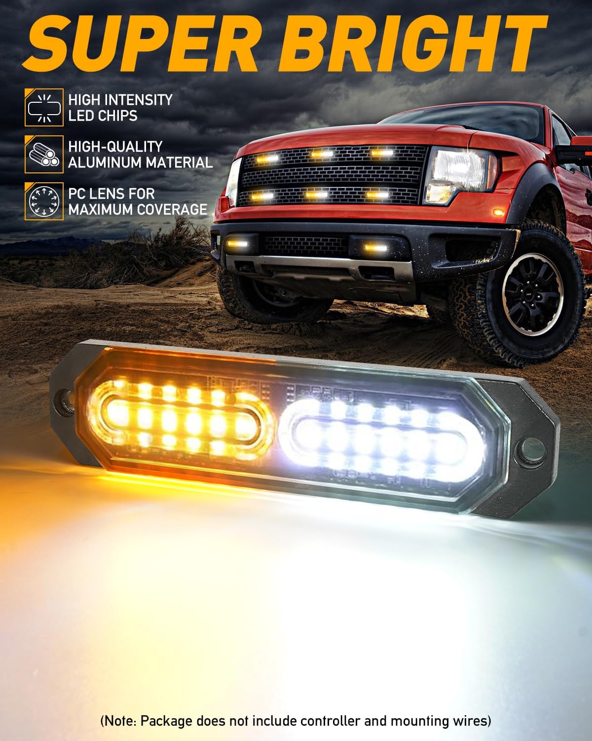 HLauto 1200T Emergency Strobe Grille Lights: 8pcs 12 LED Sync Feature Safety Warning Flashing Lights, Ultra Slim Surface Mount Hazard Caution Light for Trucks, Vehicles, Car, ATV, UTV (Amber White)