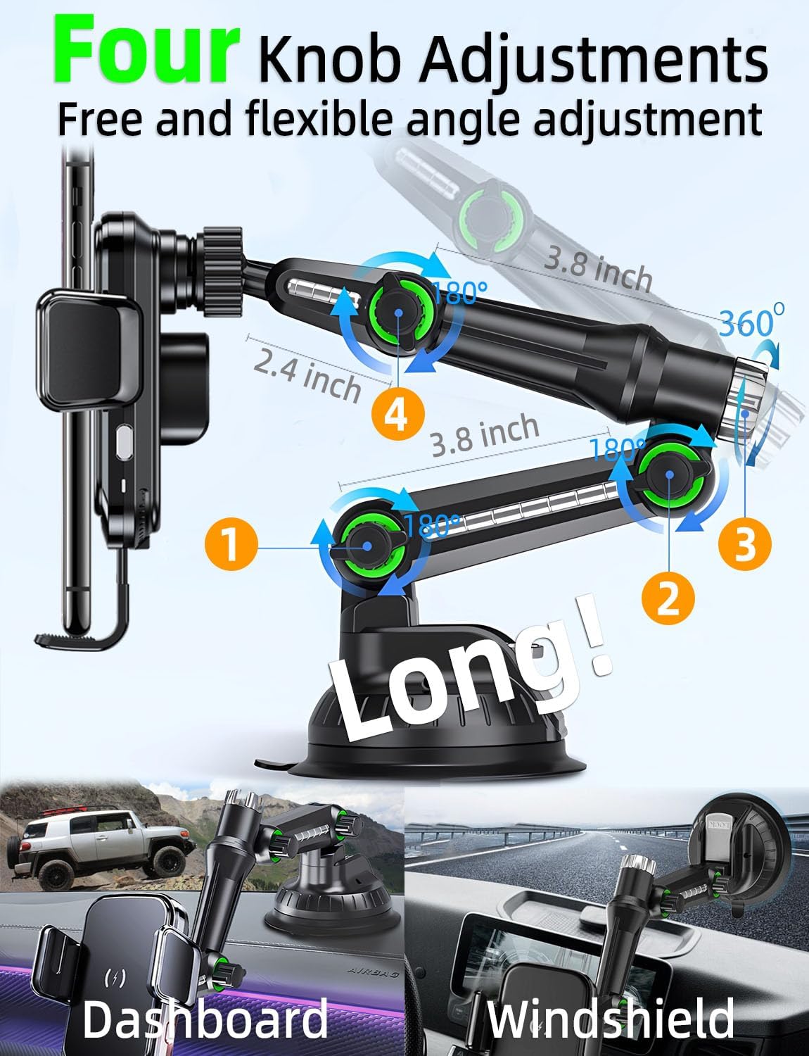 Wireless car Charger Phone Holder Mount for Truck,【10-inch Long arm 】 Pickup Truck Phone Holder Qi2 15W Fast Charging Heavy Duty Truck and Large SUV Windshield/Dashboard,for iPhone Samsung LG