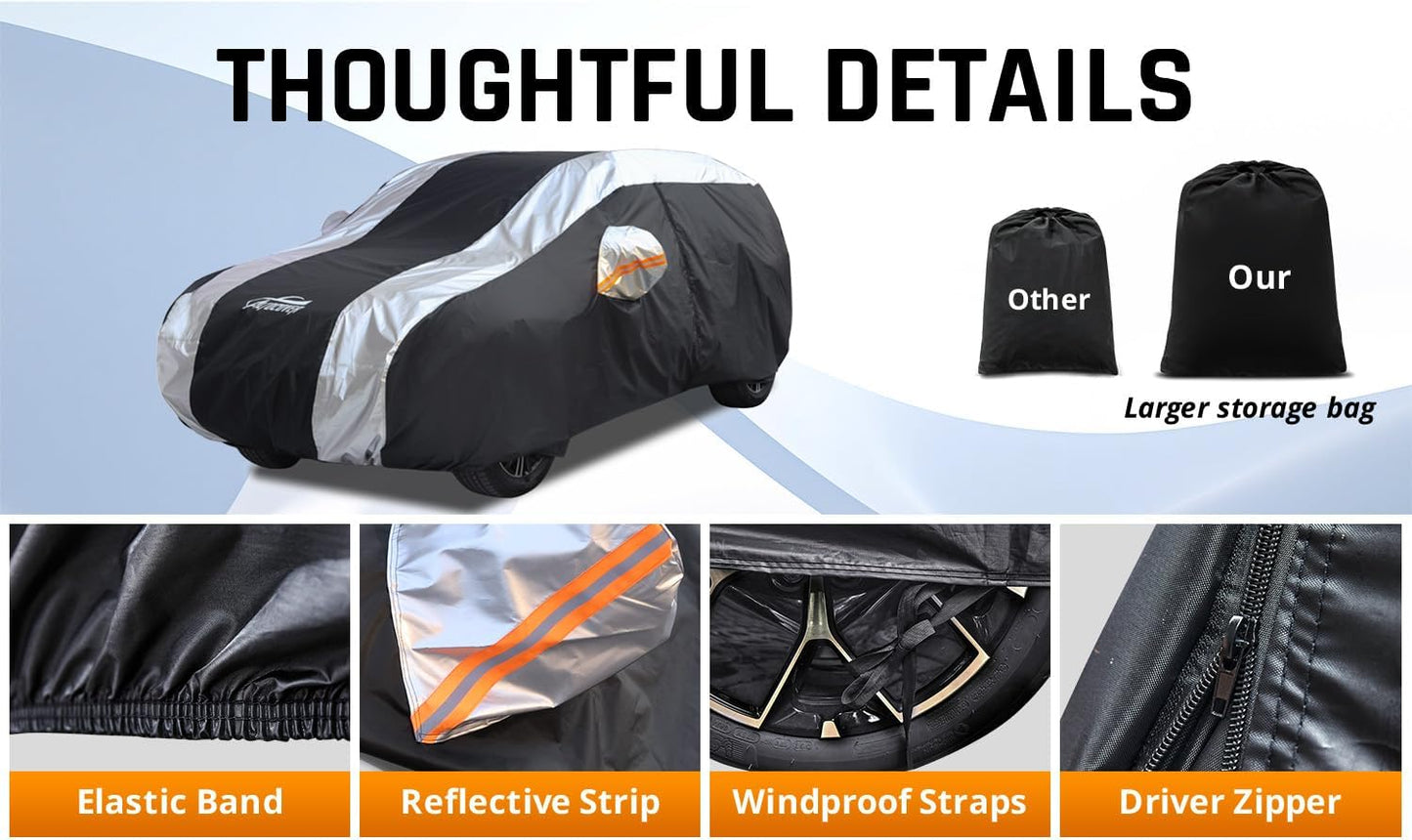 Full Exterior Covers for Waterproof Protection with Silver Stripe Design,SUV Car Covers for Automobiles Universal Fit Nissan Kicks, Subaru Crosstrek, Jeep Compass Liberty, Kia Soul Sportage