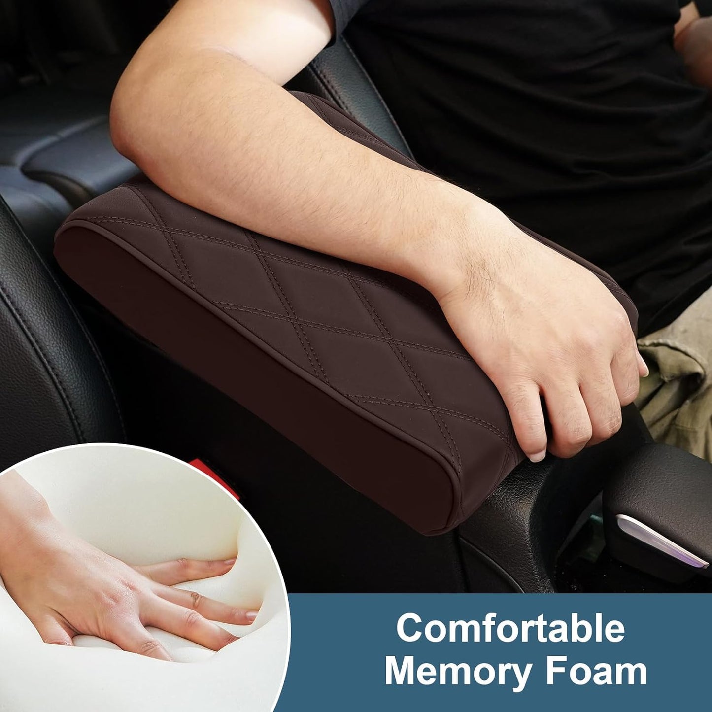 Memory Foam Car Armrest Cushion - Premium Leather Armrest Cover for Car, Comfortable Protection, Universal Fit Center Console Cover for Car, SUV, Sedan, Easy Installation (Brown)