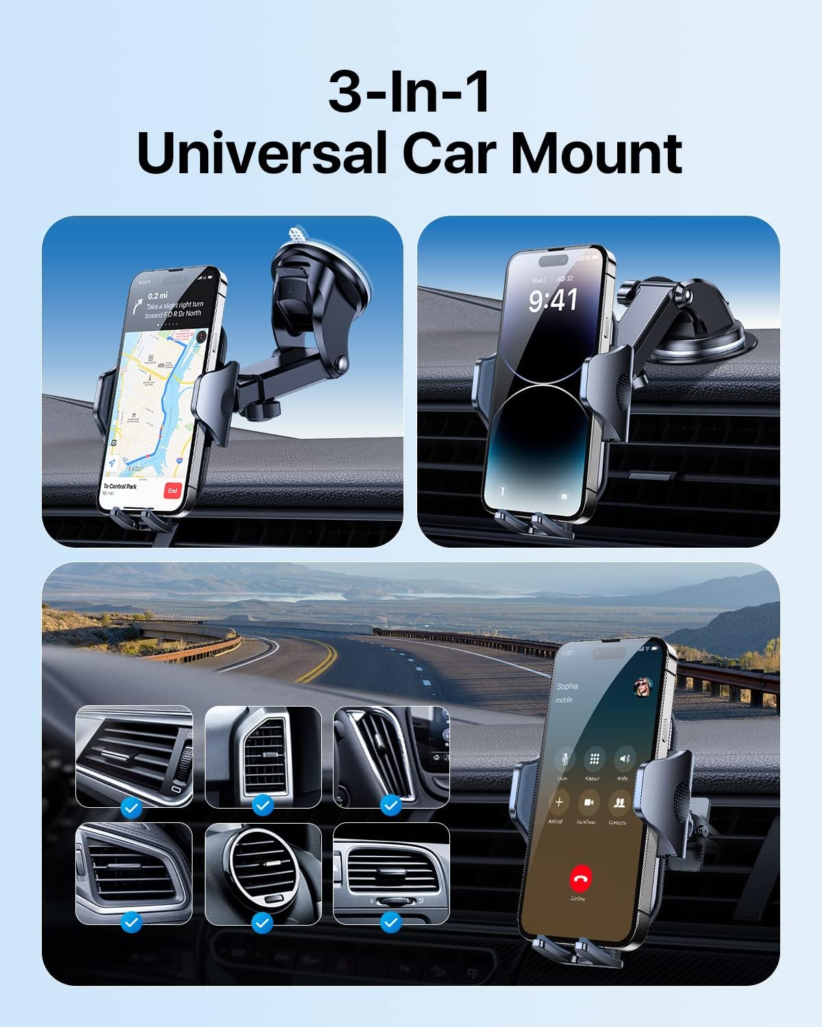 andobil Car Phone Mount [Ultra Stable & Big Phones Friendly] Cell Phone Holders for Your Car Dashboard Windshield Vent Truck, Car Phone Holder Mount for iPhone 16 15 14 13 12 Pro Max Samsung S24 S23