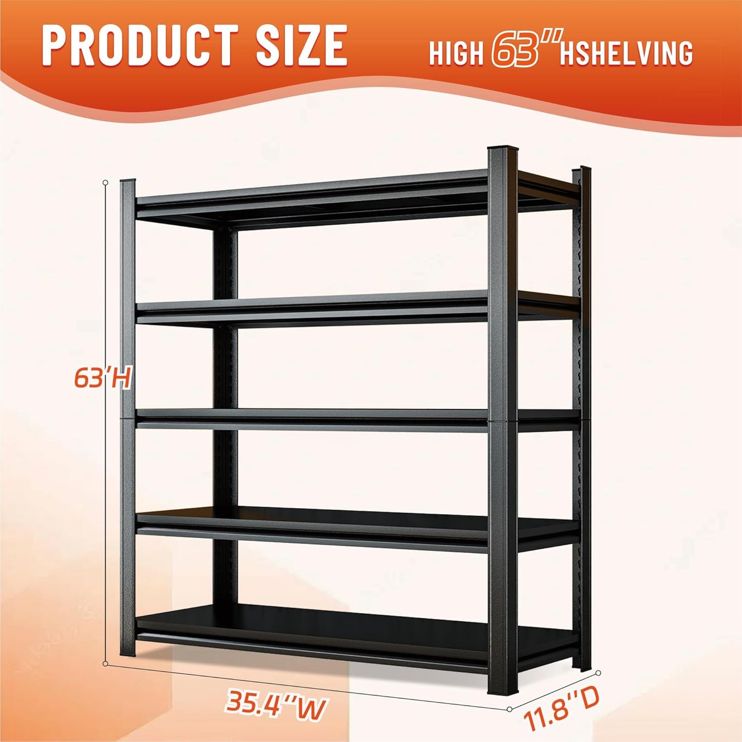 2500LBS Heavy Duty 5-Tier Steel Shelving Unit - Adjustable Garage & Warehouse Shelves for Basement Storage（35.4''W x 11.8''D x 63''H）