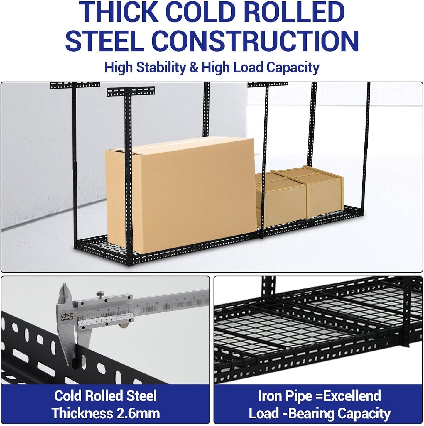 Overhead Garage Storage Rack 2x8 FT, Steel Ceiling Shelves 660lb Capacity, Height Adjustable 22-40 Inches, Space-Saving for Attic Basement Shed (Black, 6 Posts)