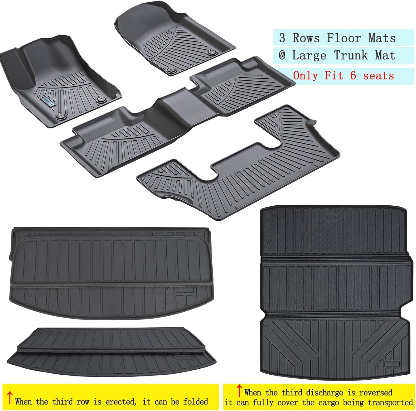 Floor Mats & Large Trunk Mat for 2016-2023 2024 Dodge Durango（Only Fit 6 Seats）-2nd Row Bucket Seat,TPE All Weather Protection 3 Rows Car Floor Liners with Large Cargo Liners