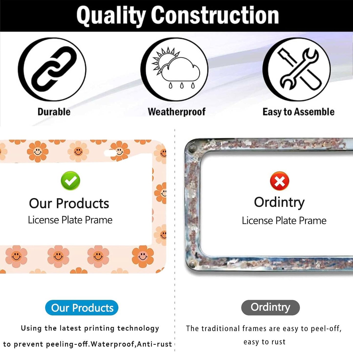 2 Pack Universal Smiley Face Flower License Plate Frame-Rustproof Aluminum Floral License Plate Frames for Women Men Fits All Vehicles, with Anti-Theft Screw Caps Included