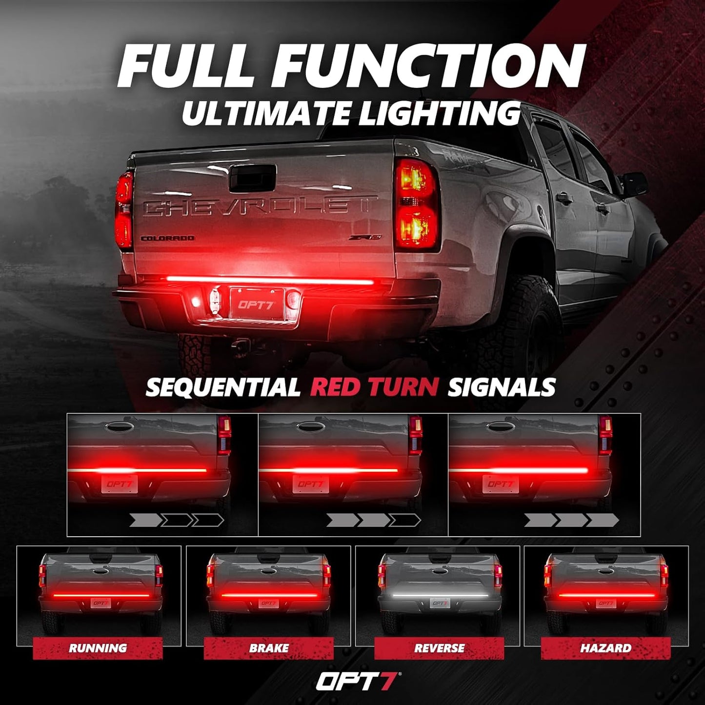OPT7 48" Redline Triple Row LED Tailgate Light Bar w/Sequential RED Turn Signal - Weatherproof Rigid Aluminum Frame Light Strip for Colorado Canyon Frontier - Full Functions Reverse Brake Running