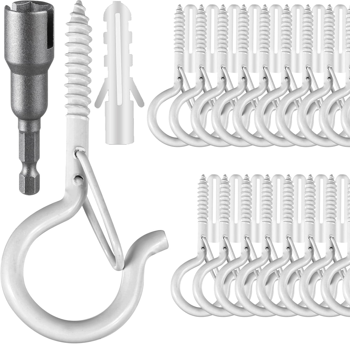 24 PCS Q-Hanger Hooks, Screw Hooks for Outdoor String Lights, Safety Buckle Design Cup Eye Hook for Hanging Christmas Lights, Plants, Mounted on Wall Ceiling, Include 1 Wing Nut Driver, White
