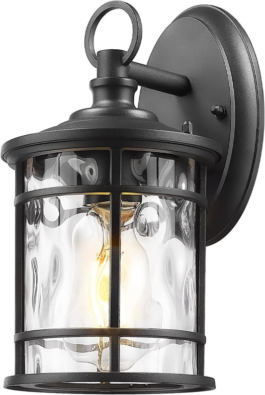 Emliviar 1-Light Outdoor Wall Mounted Lighting, Matte Black Outside Porch Light, 11.4" Aluminum Carriage Light with Water Ripple Glass, XE229BS BK-WG
