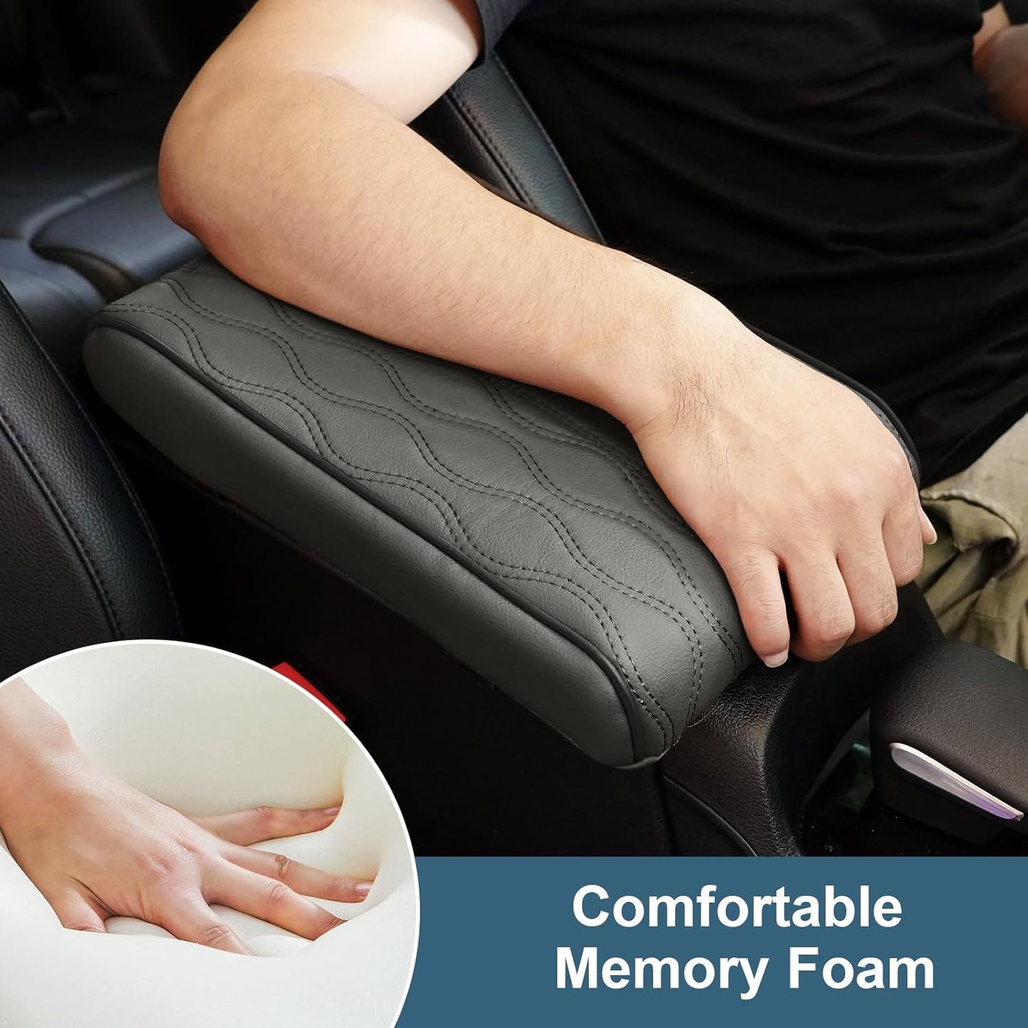 Memory Foam Car Armrest Cushion - Premium Leather Armrest Cover for Car, Comfortable Protection, Universal Fit Center Console Cover for Car, SUV, Sedan, Easy Installation (Gray)