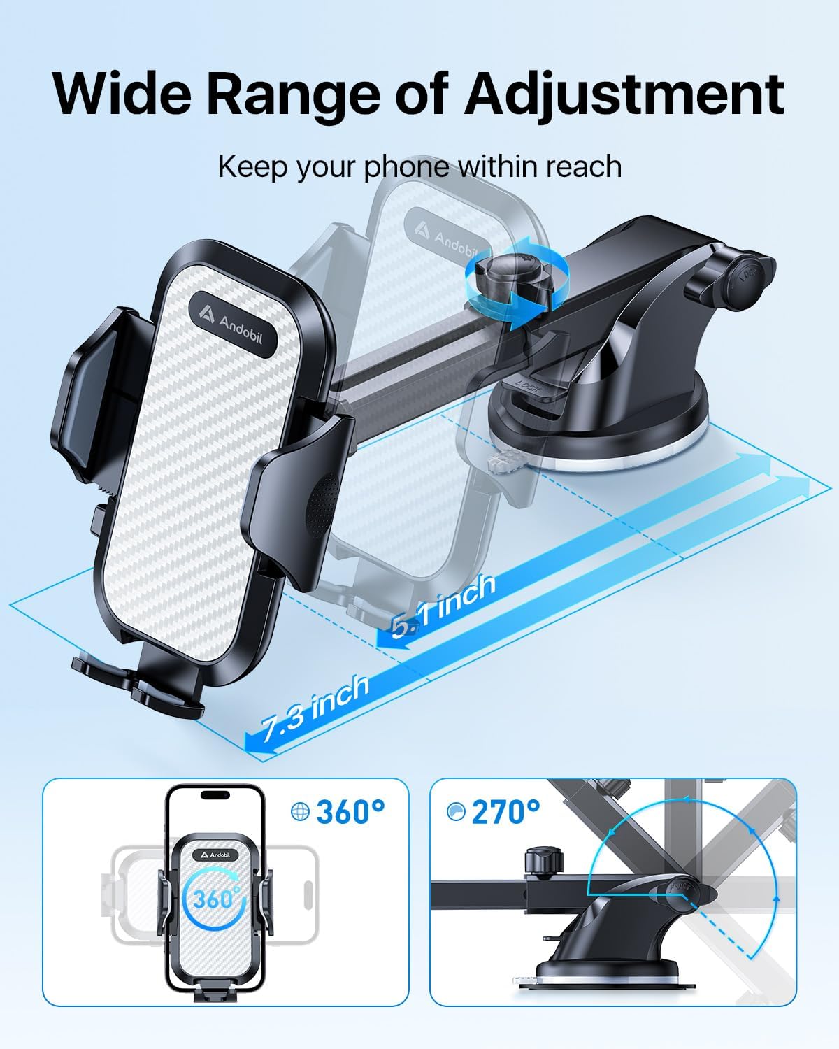 andobil Car Phone Mount [Ultra Stable & Big Phones Friendly] Cell Phone Holders for Your Car Dashboard Windshield Vent Truck, Car Phone Holder Mount for iPhone 16 15 14 13 12 Pro Max Samsung S24 S23
