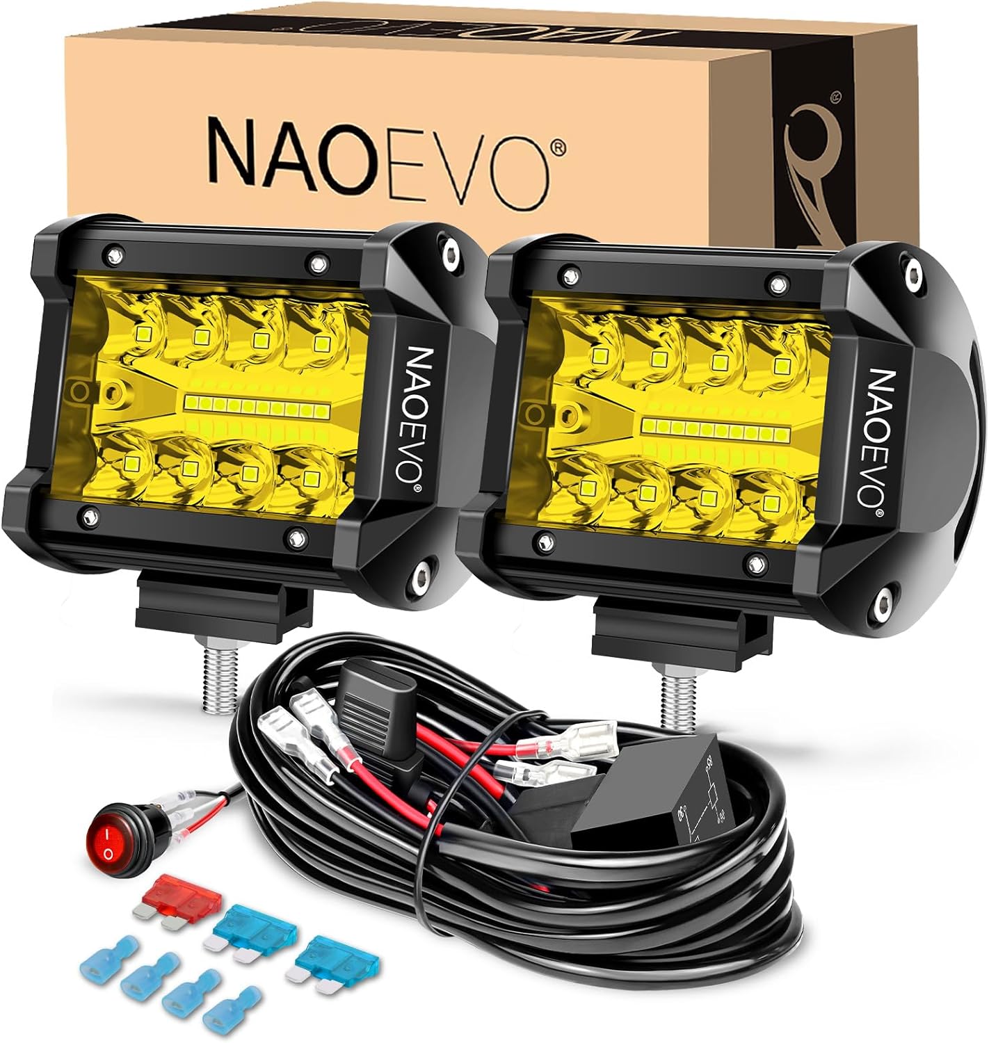 NAOEVO 4 Inch LED Pod Lights, Spot Flood Yellow LED Fog/Driving/Off Road Lights with 2 Leads Wiring Harness, Cube Pods for Truck Boat ATV UTV, 2 Pcs (Yellow)