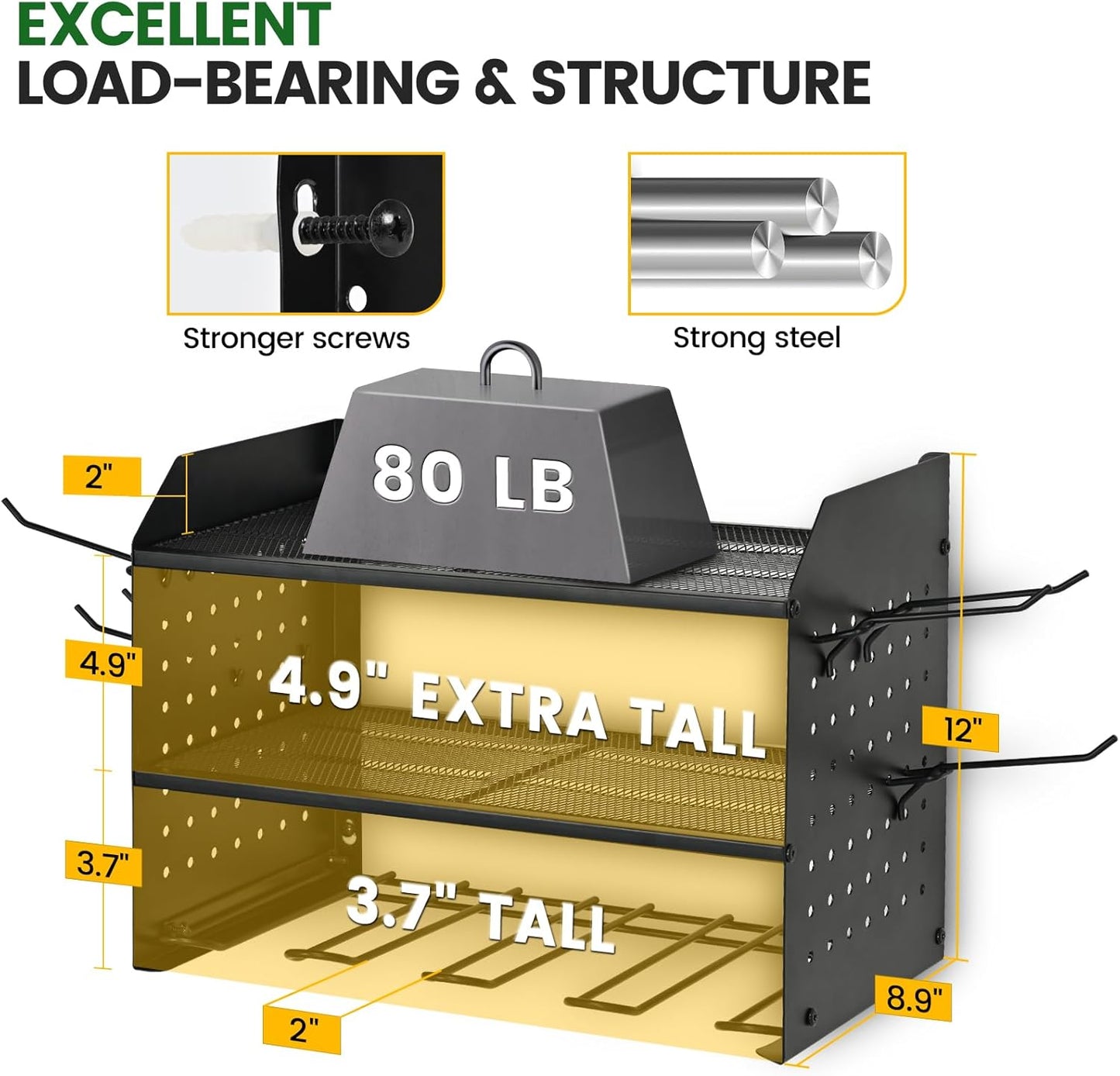 TRZZ Power Tool Organizer Wall Mount, 3-Layer Drill Holder with 2 Side Pegboards, Cordless Drill Rack with 4 Hooks, Efficient Storage for Workshop, Garage, and Tool Room (Black)