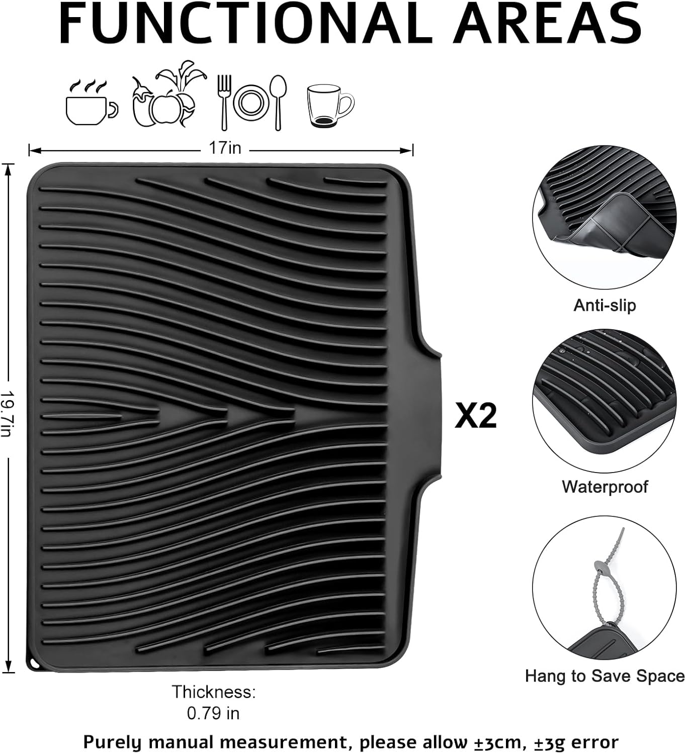 Dish Drying Mat, Stone Drying Mat for Kitchen Counter with Built-in Drain, Non-Slip Drying Matt Kitchen Counter, Heat Resistant Silicone Drying Mat, Dish Drying Pad, 2 Pcs (Black 19.7" x 17")