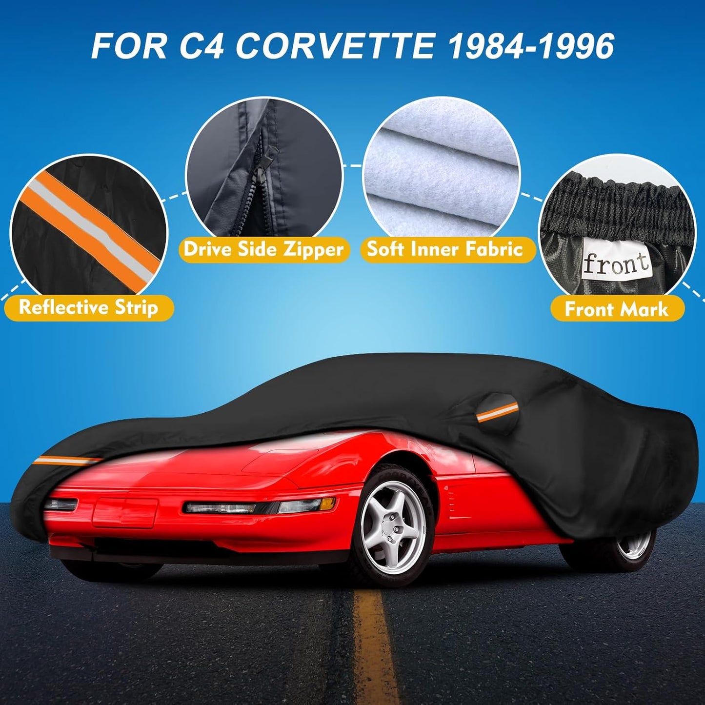QUNSUNUS Waterproof Car Cover for C4 Corvette 1984-1996, Outdoor Car Covers with Zipper, All Weather Cover with Straps and Elastic Edges for Wind, Sun, UV and Dust Protection