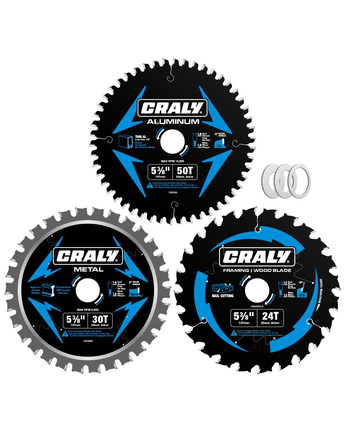 CRALY 5-3/8 Inch 24T Wood Framing & 30T Metal & 50T Aluminum Cutting Circular Saw Blade, 20mm Arbor, Carbide Tipped, Thin Kerf, Black Ice™ Coating, for Wood, Aluminum, Metal, 3-Pack(C054243050-3D)
