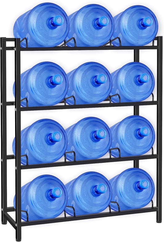 jolybebe 5 Gallon Water Jug Holder for 12 Bottles Without Wobbling, New Upgraded Heavy Duty 4 Tier Thicken Water Bottle Storage Rack for Home, Office, Kitchen, Warehouse, Garages Black