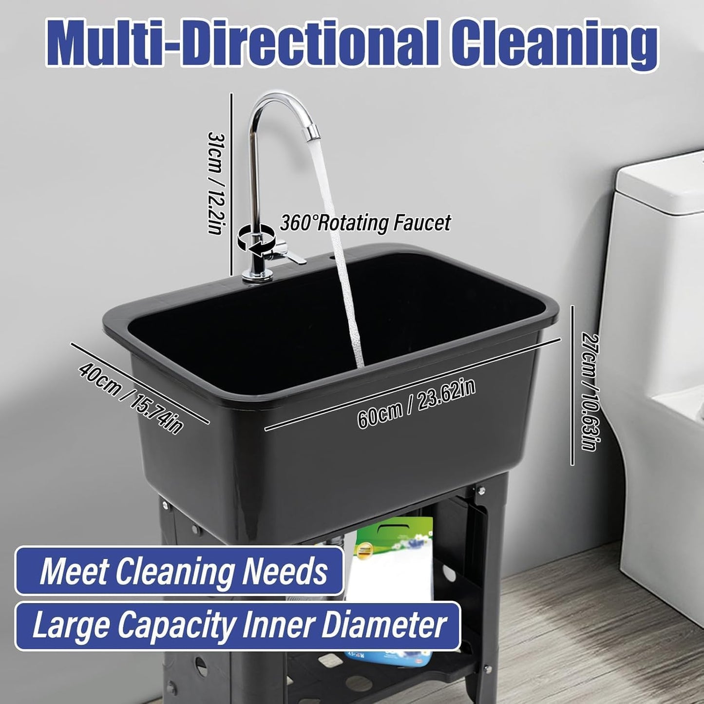 Free Standing Utility Sink with Washboard Laundry Tub Sink for Outdoor,Garage,Basement,Garden wuth Faucet,Drain,Storage Shelf (Gray, 23.6 * 15.8 * 30.1in)