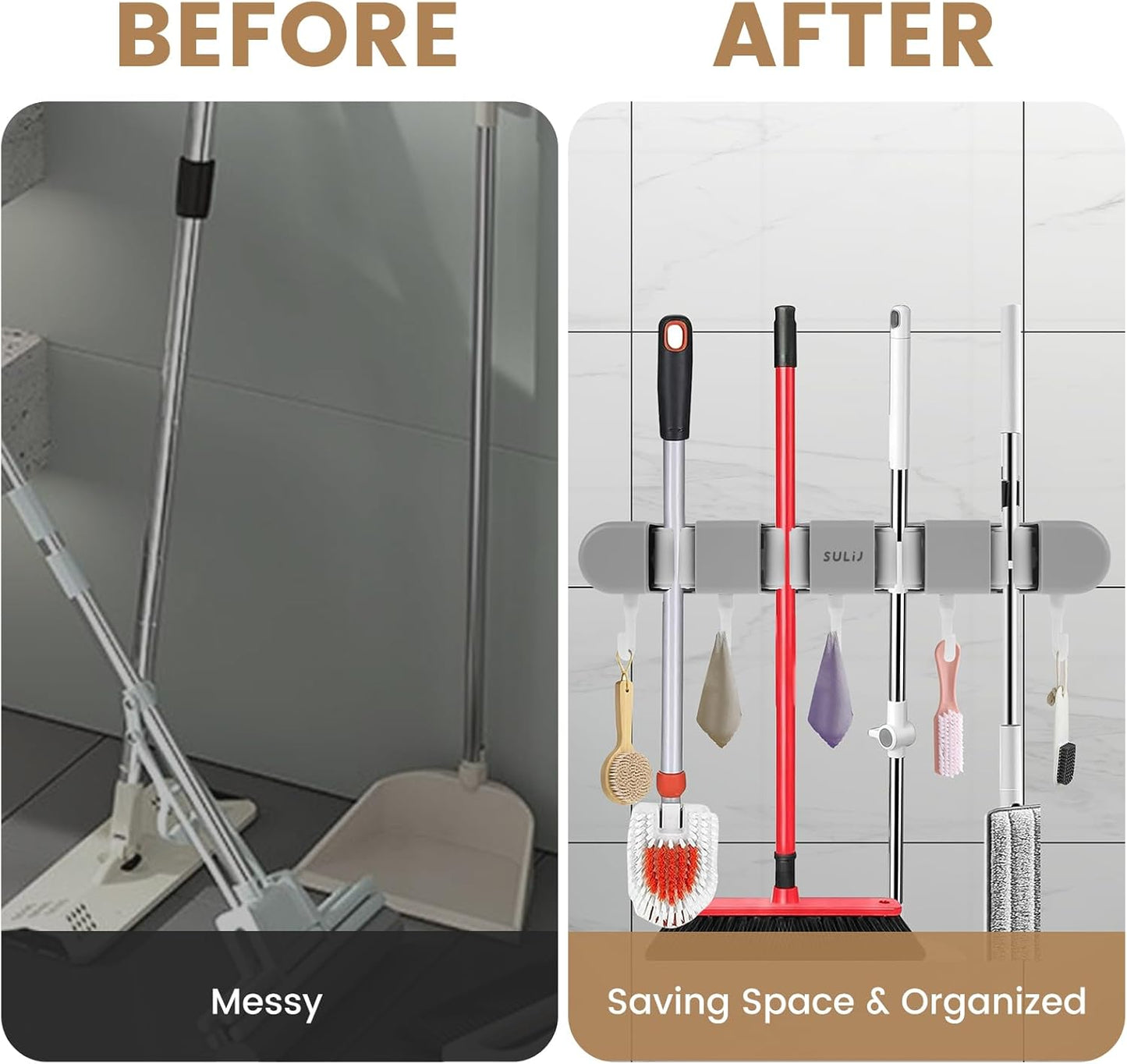 2Pcs Broom Mop Holder with Hooks Wall Mounted Broom Storage Rack No Drilling Self-Adhesive Mop Broom Organizer Mop Holder Hanger for Bathroom Office Kitchen Closet Garage,Grey (2)