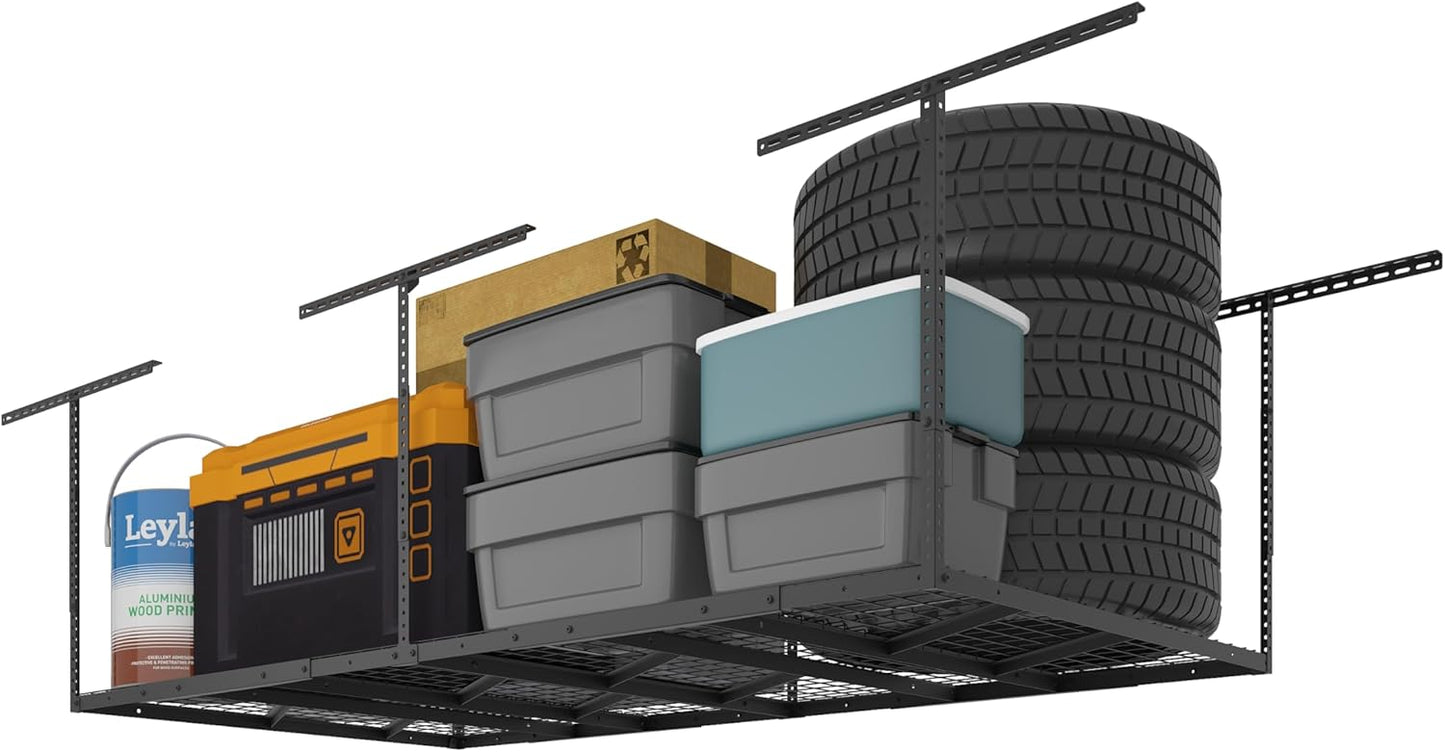 FLEXIMOUNTS Pro 4x8 Overhead Garage Storage Rack,Adjustable Storage Organization System,Heavy Duty Metal Ceiling Storage Racks,800lbs Weight Capacity,Black