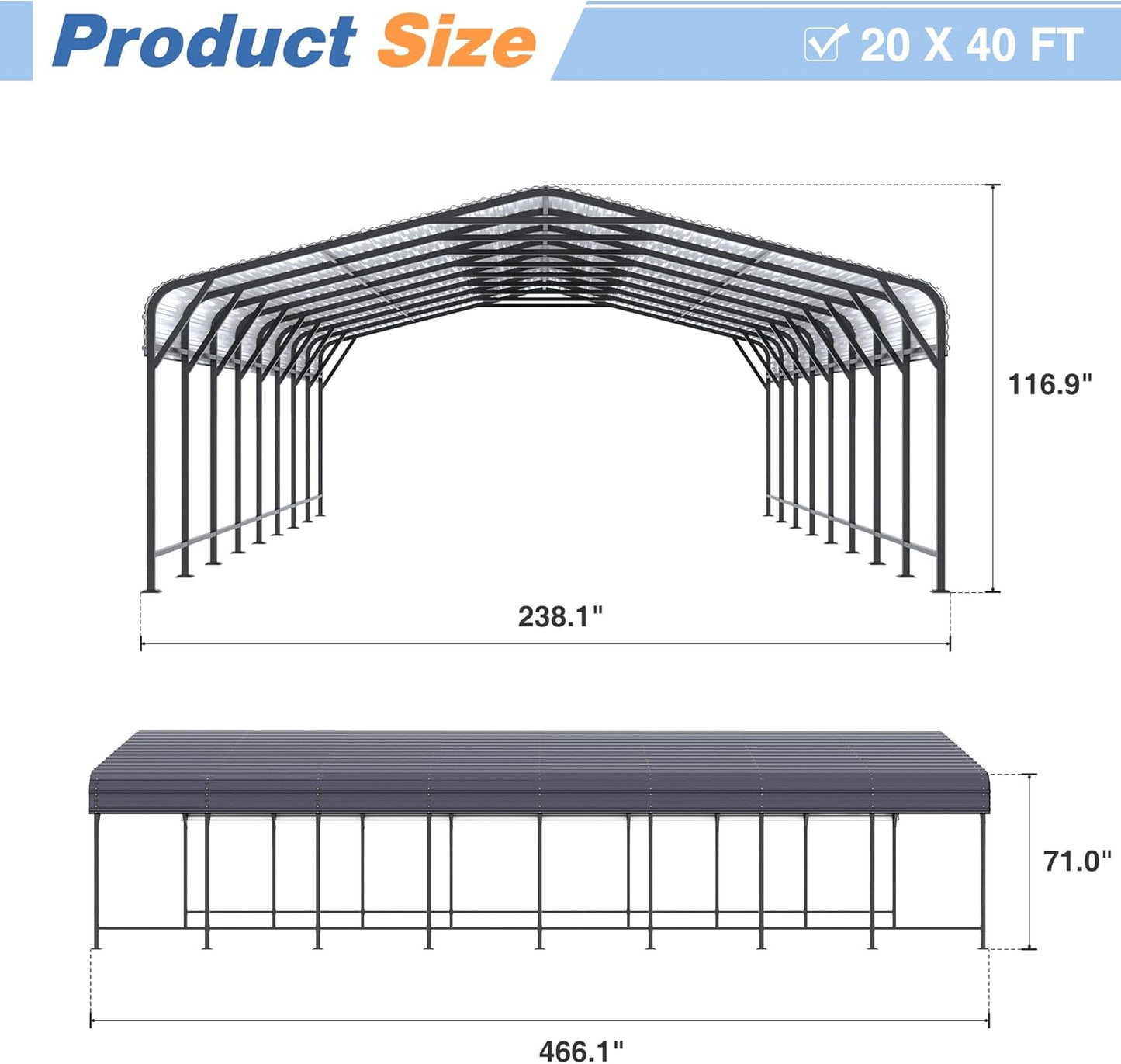 20x40 FT Metal Carport Canopy Heavy Duty with Reinforced Base and Galvanized Steel Roof & Frame, Garage Shelter for Cars, Boats and Trucks