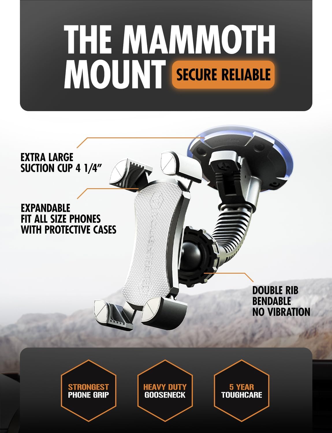 ToughTested Mammoth Windshield Mobile Mount, Double-Ribbed Gooseneck Arm, Expandable Claw Grip Holder with 360 Degree Rotation, Extra Large Suction Cup, Quick Release Button