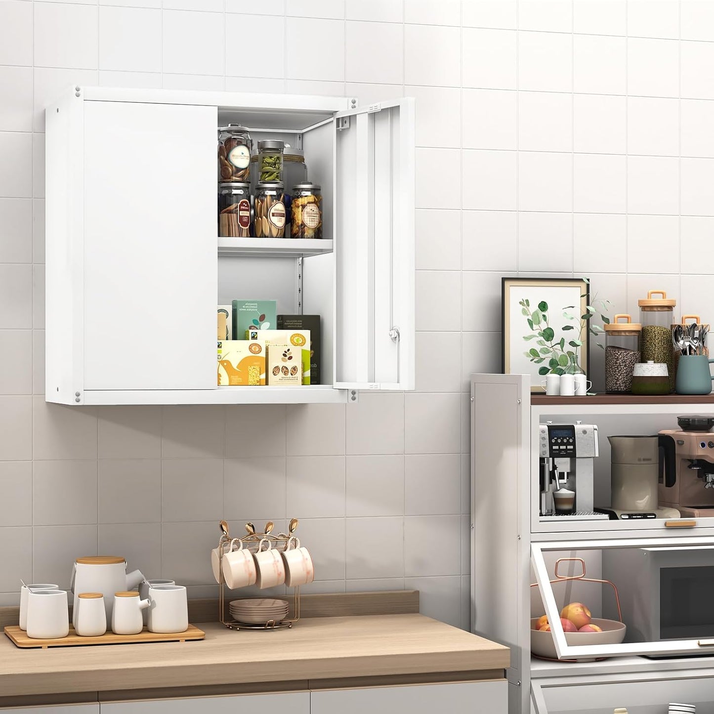 GREATMEET Metal Wall Cabinet, Wall Mounted Cabinet with Doors and Adjustable Shelf, Metal Storage Cabinet with Lock, Wall Cabinet for Garage, Pantry, Utility Room, White