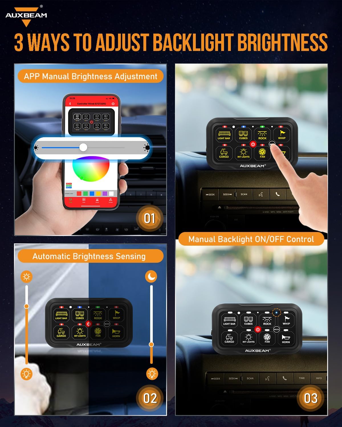 Auxbeam RGB Bluetooth 8 Gang Switch Panel AR-820 Toggle Momentary Pulsed Switch Pod for Truck UTV Offroad Boat Auxiliary LED Light Controller with Circuit Relay System Box Waterproof, 2-Year Warranty