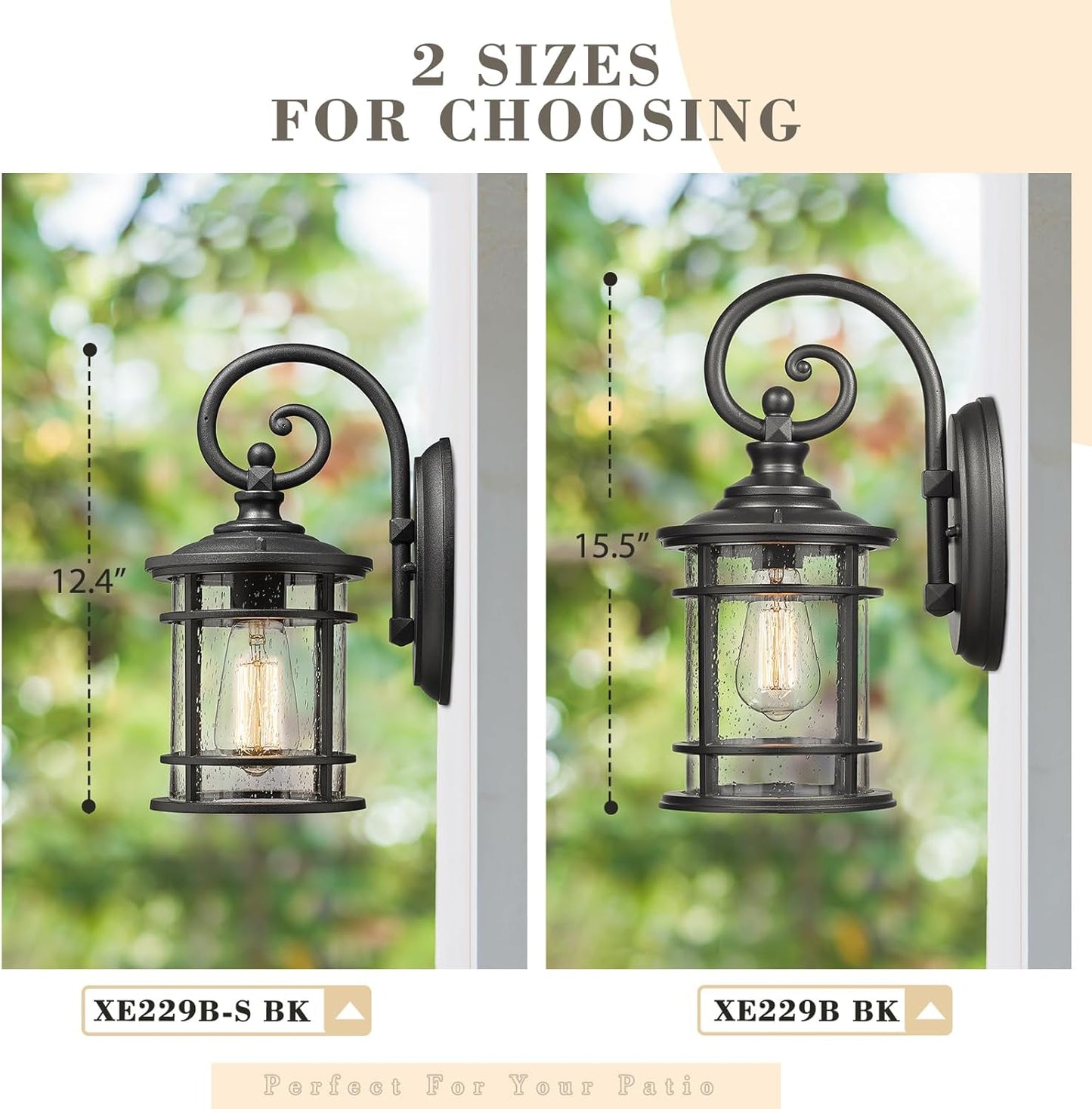 Emliviar Modern Porch Lights 2 Pack - Outdoor Wall Light Fixtures Wall Mount for Garage, Black Finish with Seeded Glass Shade, XE229B-S-2PK BK