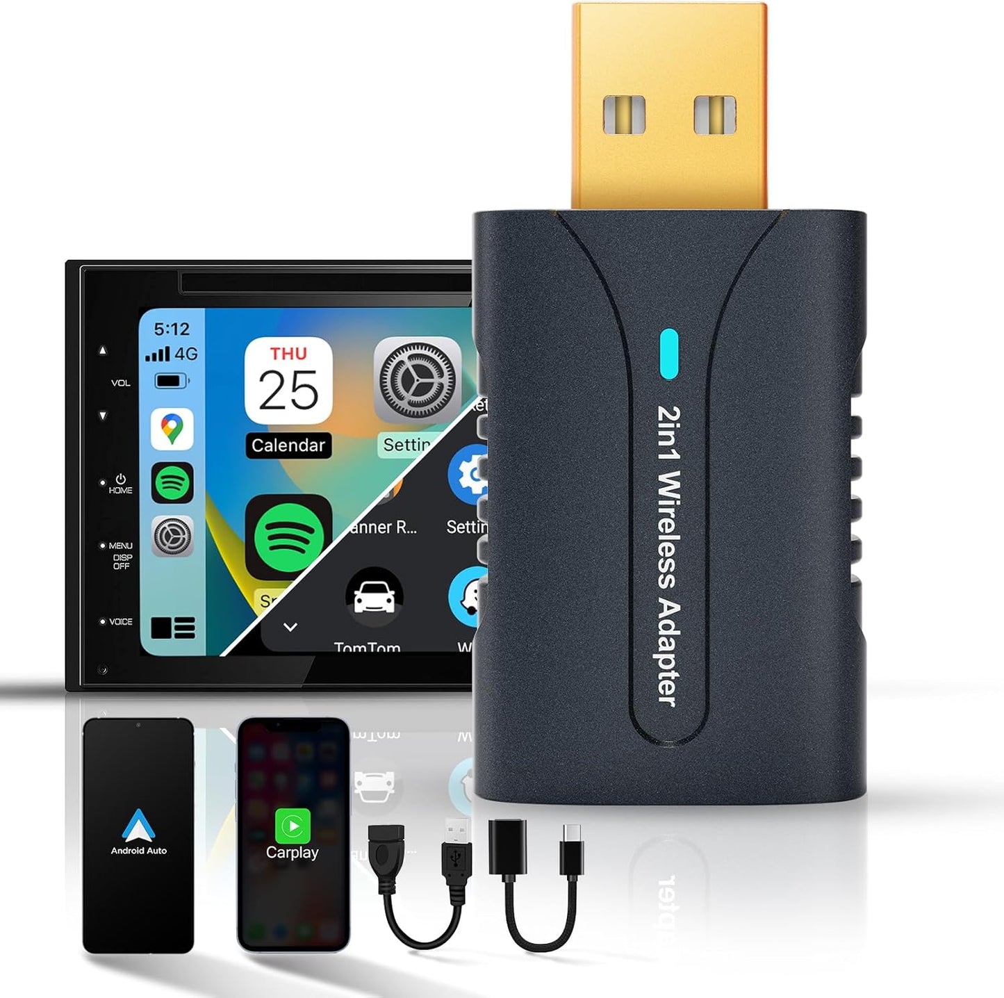 2in1 CarPlay Android Auto Wireless Adapter, Mini Car Play Cars Stick, Fast Auto Connection for OEM Wired CarPlay Car Model 2017 Above, for iPhone iOS 12 /Android 11 Above, Blue