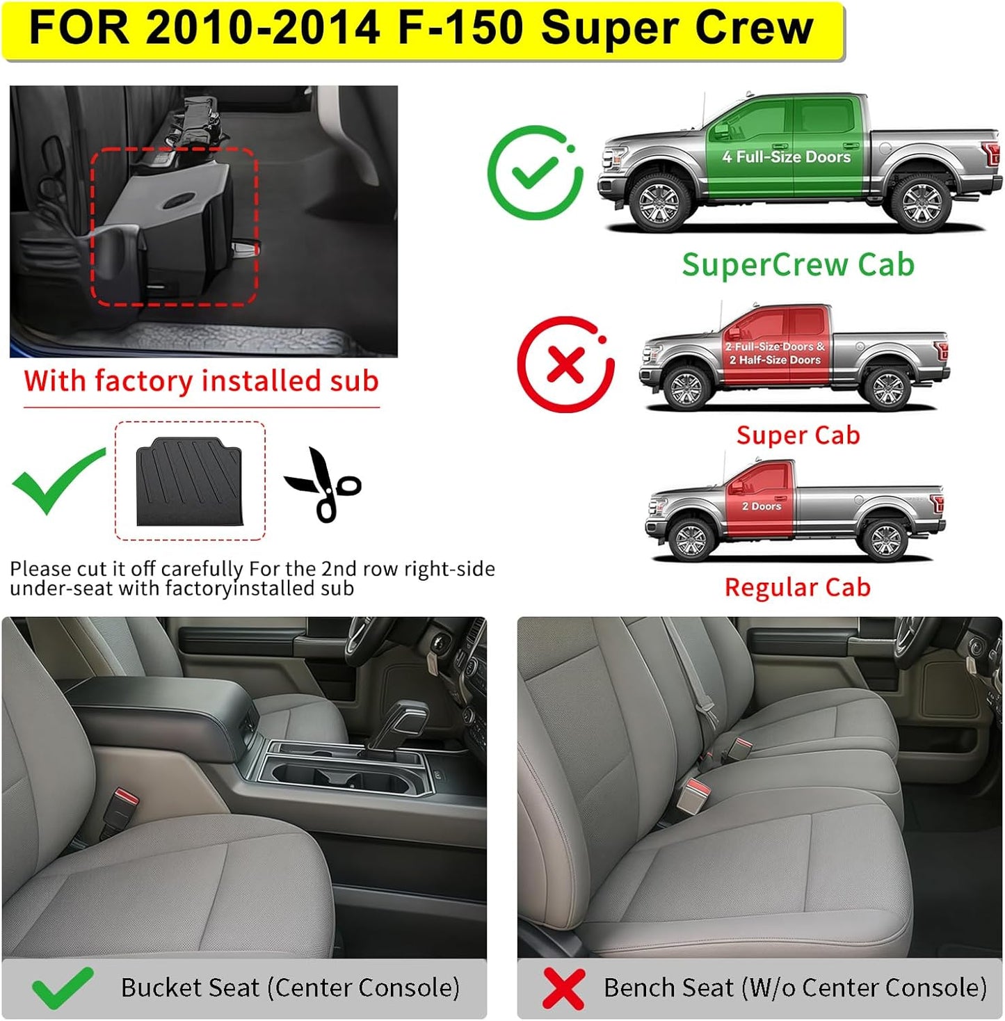 Floor Mats for Ford F-150 SuperCrew Cab 2010-2014, All-Weather Custom Fit, Front & 2nd Row, 3-Piece Set, Black