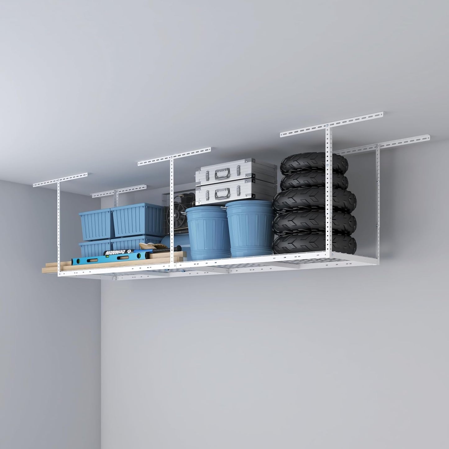 2ftx8ft Overhead Garage Storage Rack, Heavy-Duty Metal Garage Ceiling Storage Rack, 22''-40" Adjustable Ceiling Drop-Down, 400 lb. Loading Weight Capacity, White