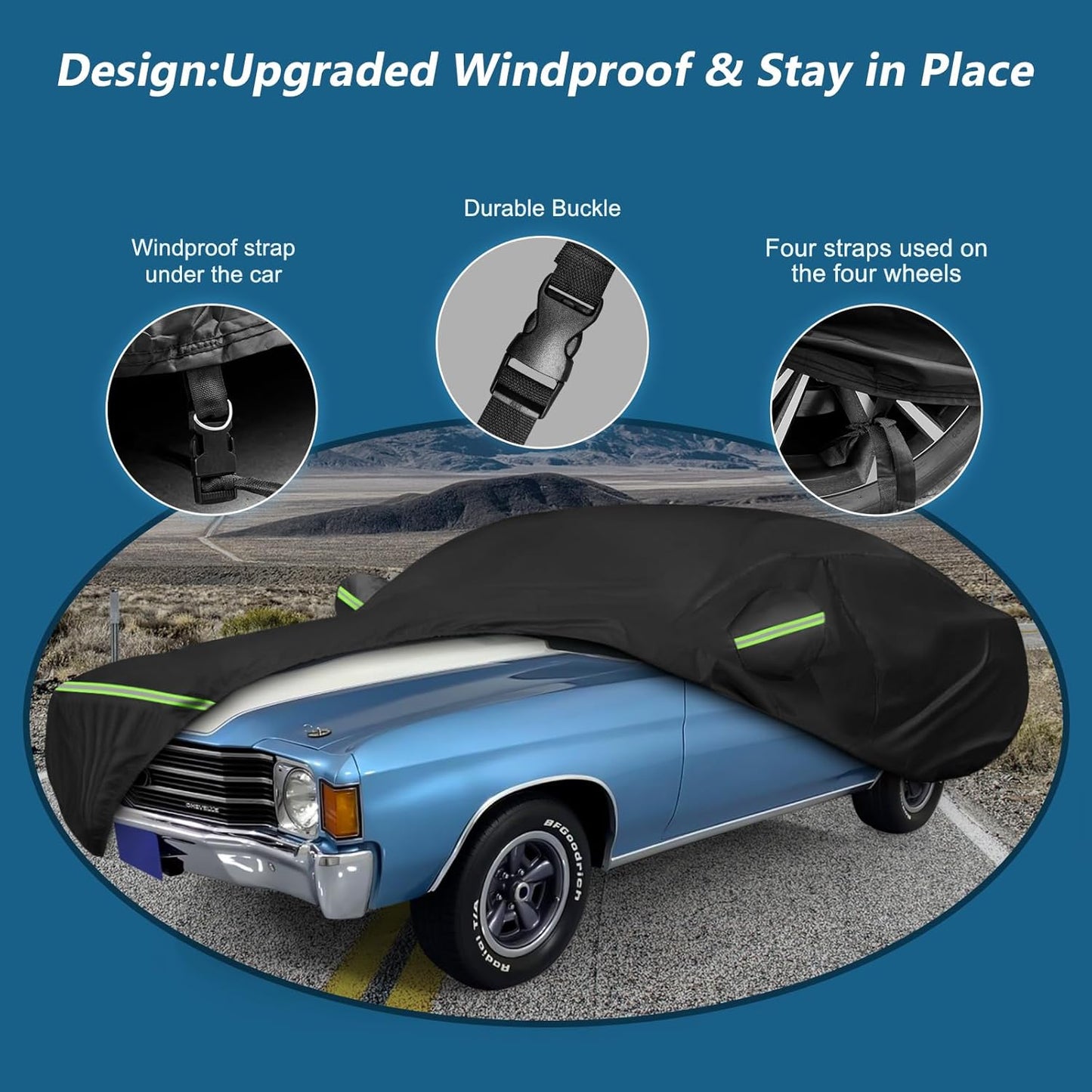 Waterproof Car Covers for Chevrolet Chevelle Malibu SS Sedan/Coupe 1964-1972, 420D Oxford Cloth Sun Heat Protection Outdoor Full Covers with Driver Side Zipper Windproof Heavy Duty All Weather