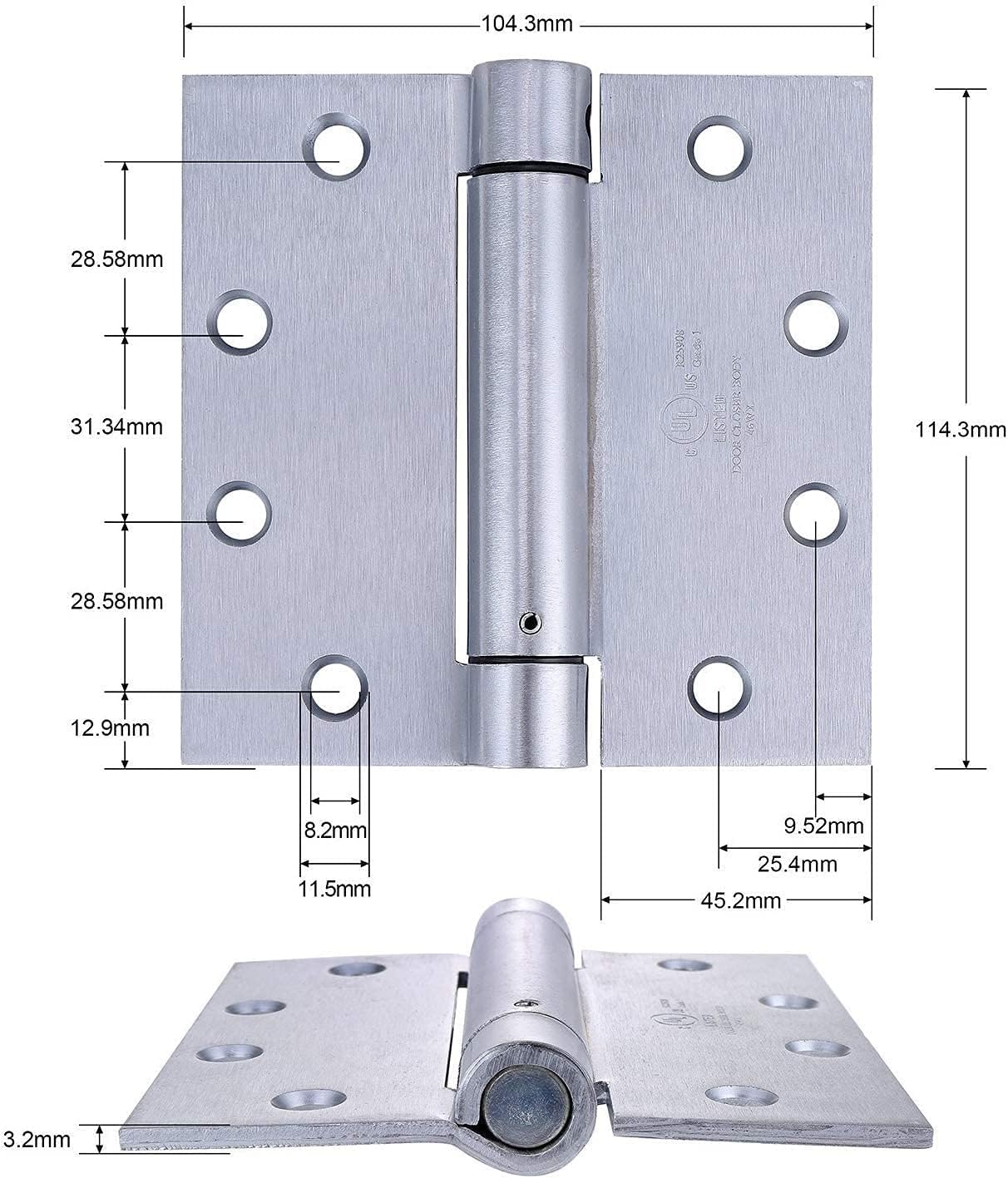 2 Pack - 4.5"x4.5" Stainless Steel Self Closing Reversible Door Hinge - Heavy Duty Commercial Spring Door Hinge - UL Listed with Complete Installation Hardware