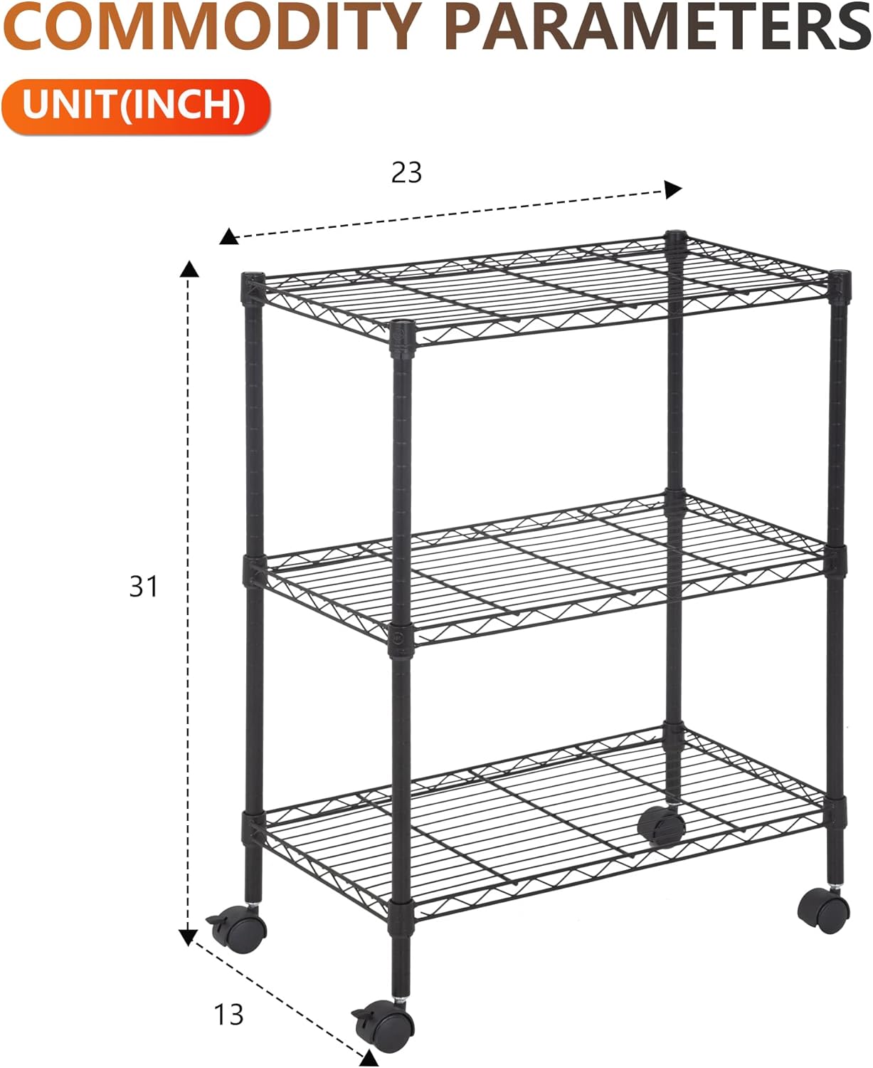 BestOffice 3-Tier Adjustable Wire Shelving Storage Shelves Heavy Duty Shelving Unit with Wheels for Small Places Kitchen Garage Balcony,Black