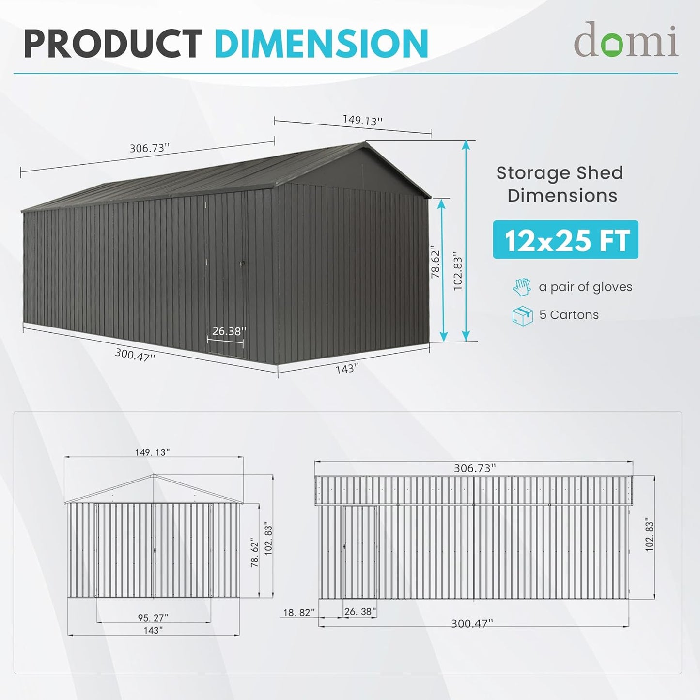 Domi 12'x25' Metal Garage Shed, Heavy Duty Outdoor Steel Carport with Lockable Double, Side Doors, 80MPH Wind and Snow Resistant Enclosed Storage for Cars, Trucks, Motorcycles, Tools, Dark Grey