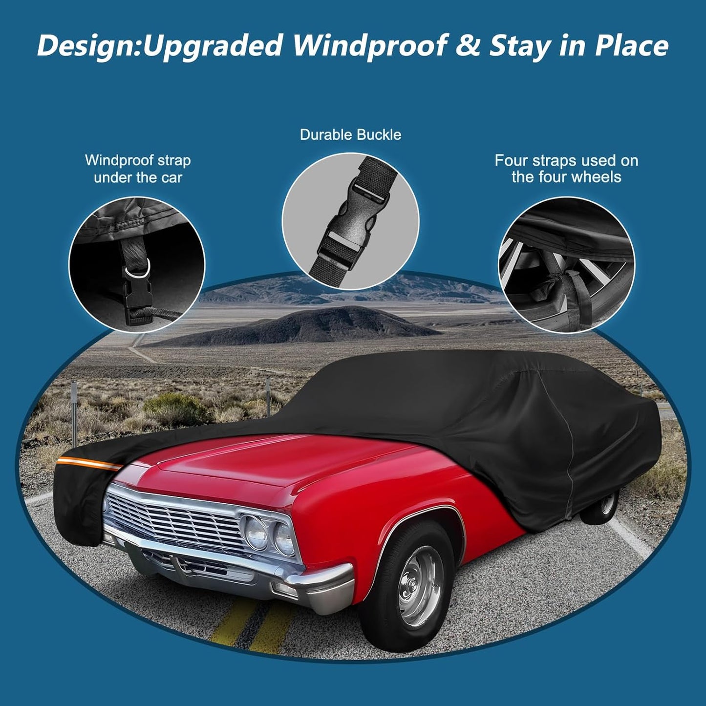 Car Cover for Chevy Caprice 2/4 Door Biscayne/Coupe/Sedan 1966-1996, Waterproof 210D Oxford Cloth and Cotton Cover Outdoor Full Car Covers with Zipper Windproof Heavy Duty All Weather Protection