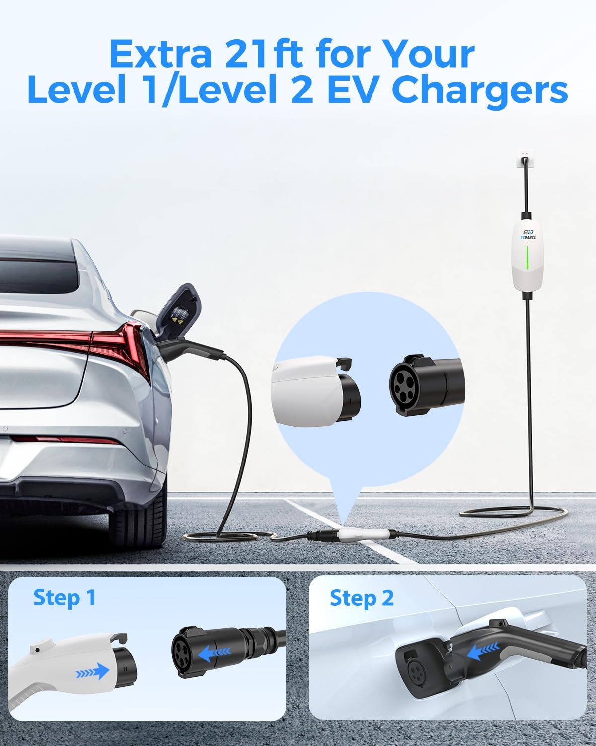 EV Charger Extension Cable, 21ft 50Amp J1772 Extension Cable Compatible with 110V-240V SAE J1772 EV Chargers, Suitable for J1772 EVs/PHEVs, Level 1/ Level 2 IP66 Car Charger Extension Cord with Bag
