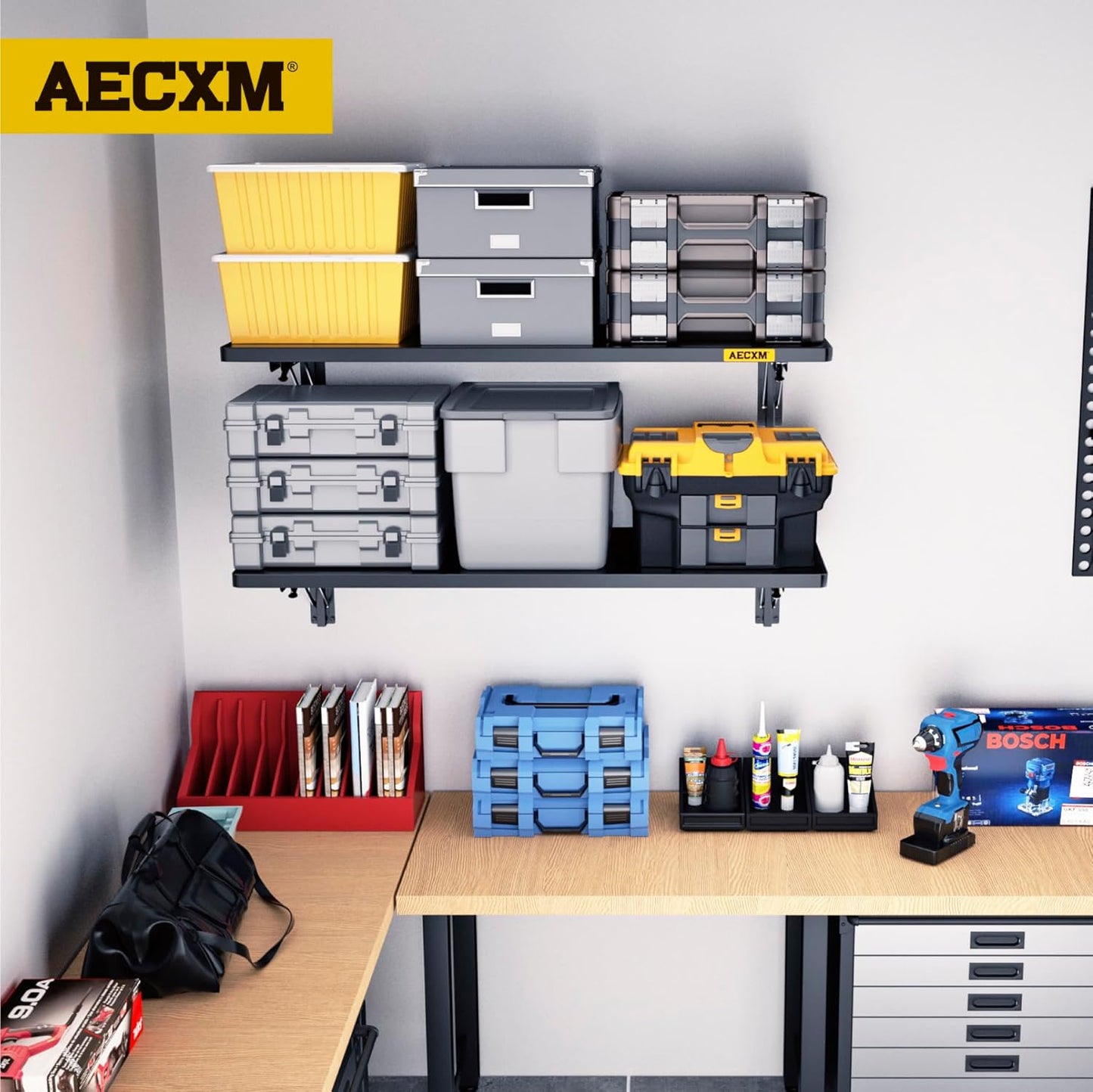 2pack-1.3x4ft Adjustable Rail Type Folding Storage Rack Shelf, Suitable for Garage, Storage Room, kitchens Wall Shelf Garage Storage Rack Floating Shelves, Wall Mounted Folding Table(2pcs-Black)