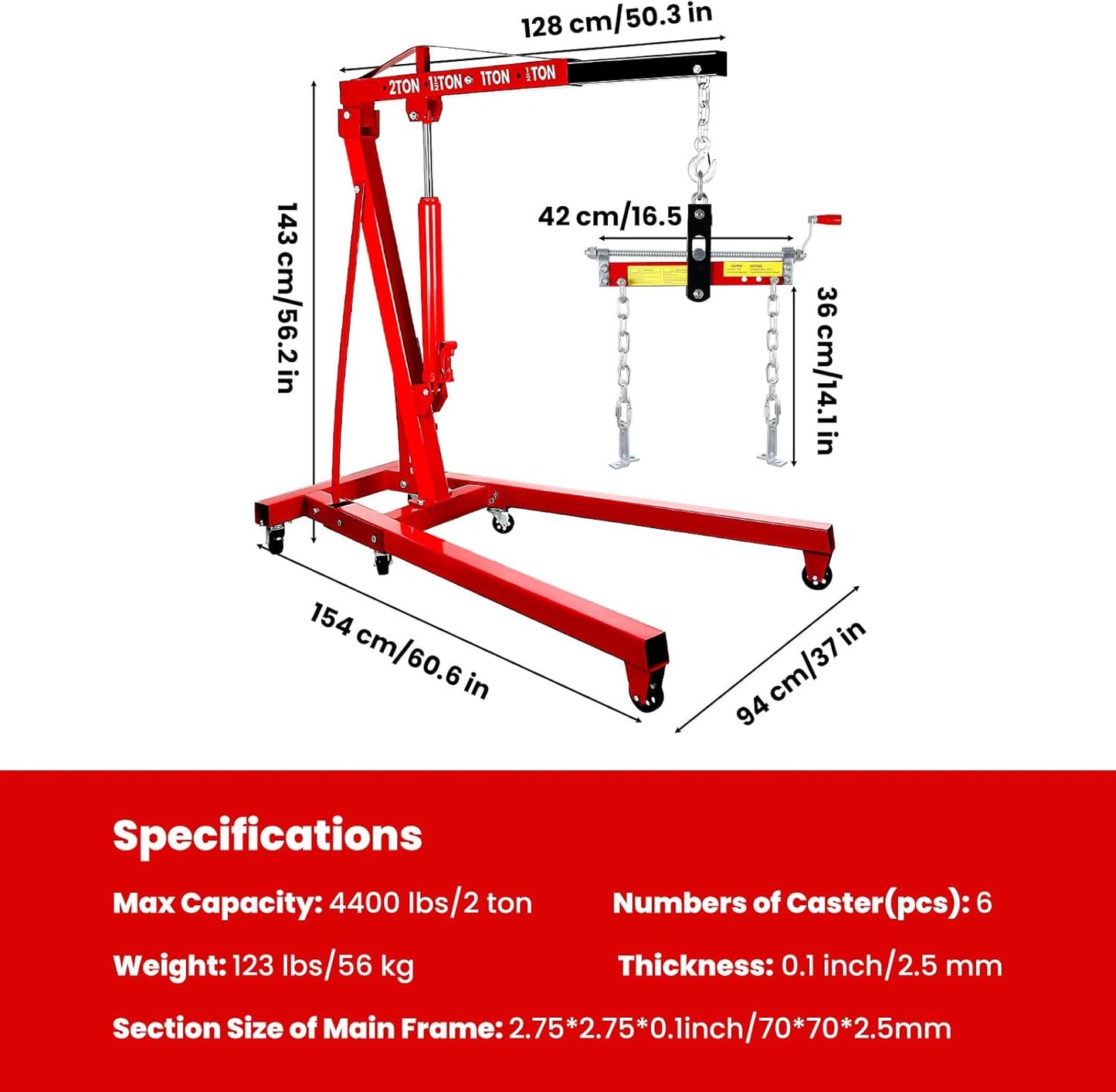 Engine Lift with Load Leveler,2T Heavy Duty Alloy Steel Folding Cherry Picker Engine Lift,Cherry Picker Workshop Crane,8Ton Hydraulic Engine Lift,Engine Lift for Workshop Warehouse Garage (Red)