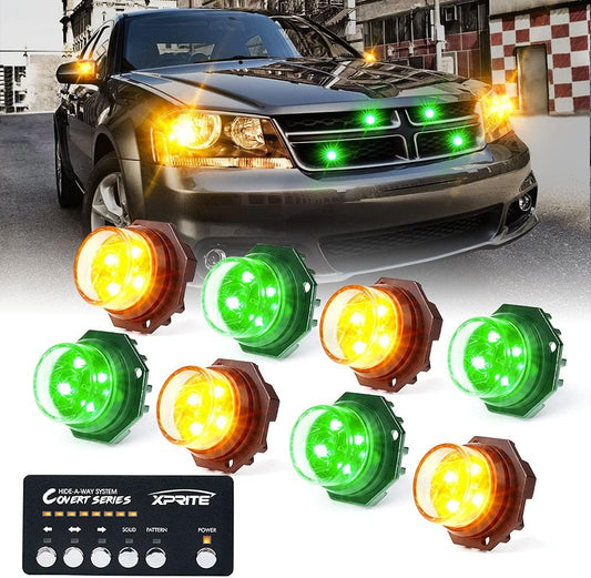 Xprite Amber Green LED Hideaway Strobe Lights Kit 20 Flashing Patterns w/Control Panel Headlights Taillights Fog Light Mounting, for Roadside Emergency Vehicles Trucks SUV Vans Cars 8 PCs