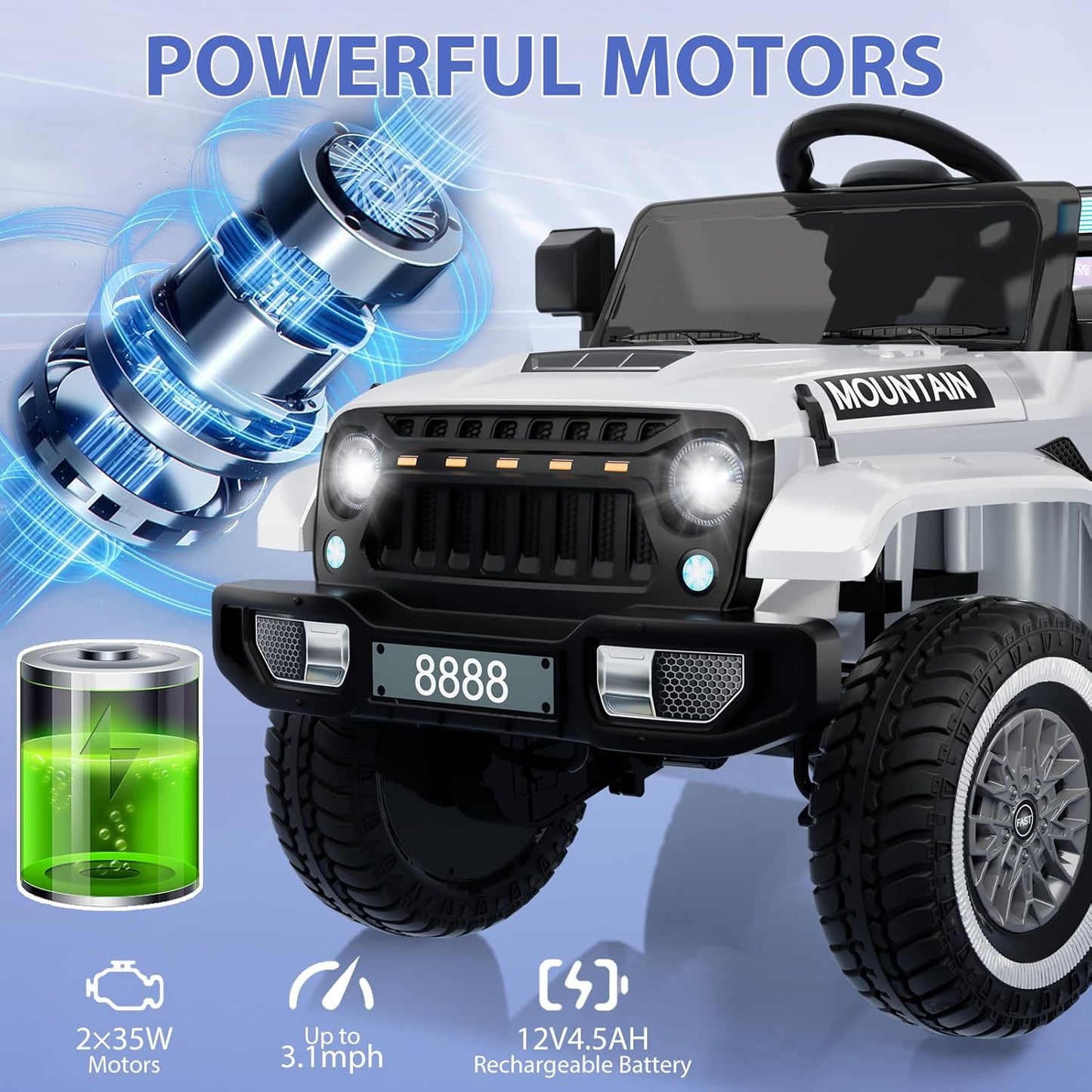 12V Kids Ride On Truck Car, Battery Powered Electric Vehicles with Remote Control, Spring Suspensions, 3 Speeds, LED Lights, Music, MP3, Ride On Toy Car for Children Toddles Boys Girls, White