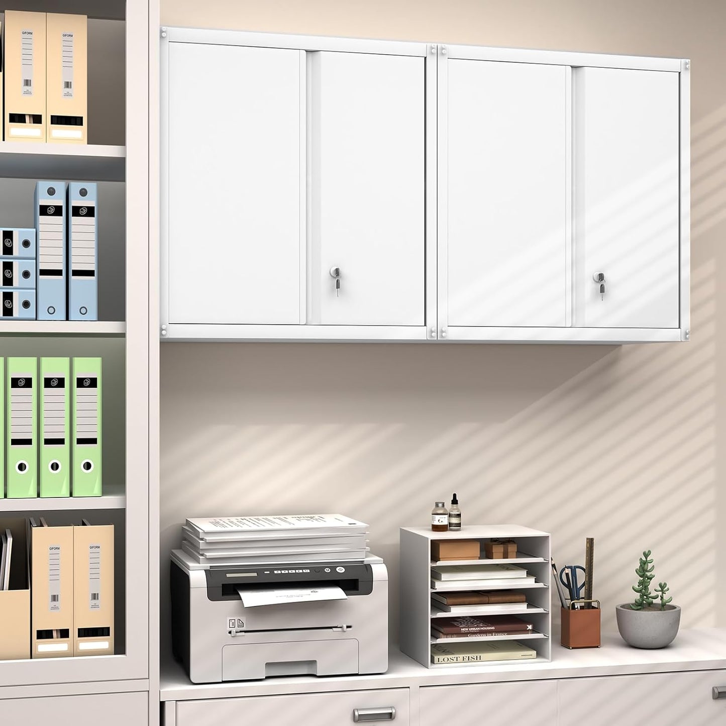 GREATMEET Metal Wall Cabinet, Wall Mounted Cabinet with Doors and Adjustable Shelf, Metal Storage Cabinet with Lock, Wall Cabinet for Garage, Pantry, Utility Room, White