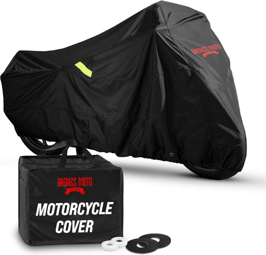 Badass Moto - Extra Large Motorcycle Cover Waterproof Outdoor, Heavy Duty, for Harley Davidson, Night Reflective (108” Full Dressers,Tourers) X-Large