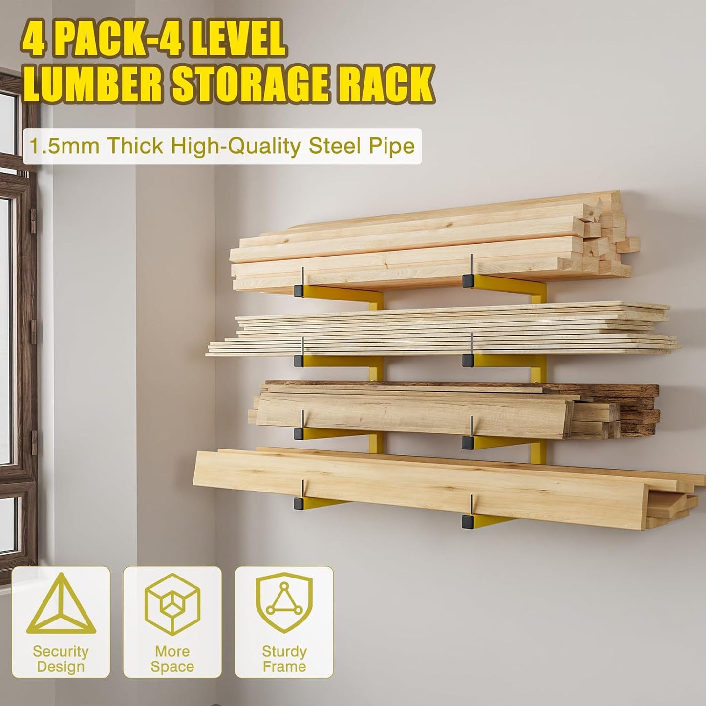 4-Pack Lumber Storage Rack, Wood Storage Racks Wall Mount, Heavy Duty Garage Wood Organizer with 8-Level System, Yellow Utility Rack Organization Up 1600 Lbs, Metal Lumber Shelf for Indoor & Outdoor