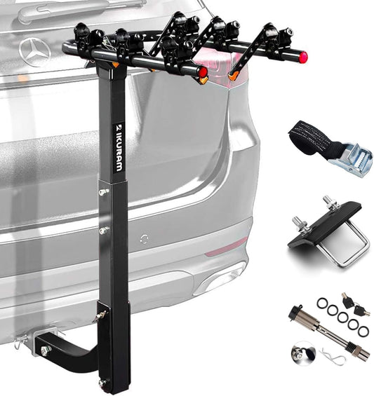 3 Bike Rack Bicycle Carrier Racks Hitch Mount Double Foldable Rack for Cars Truck SUV Fits 2" Receiver, Tie Down Strap, Anti-Rattle Hitch Tightener & Locking Hitch Pin