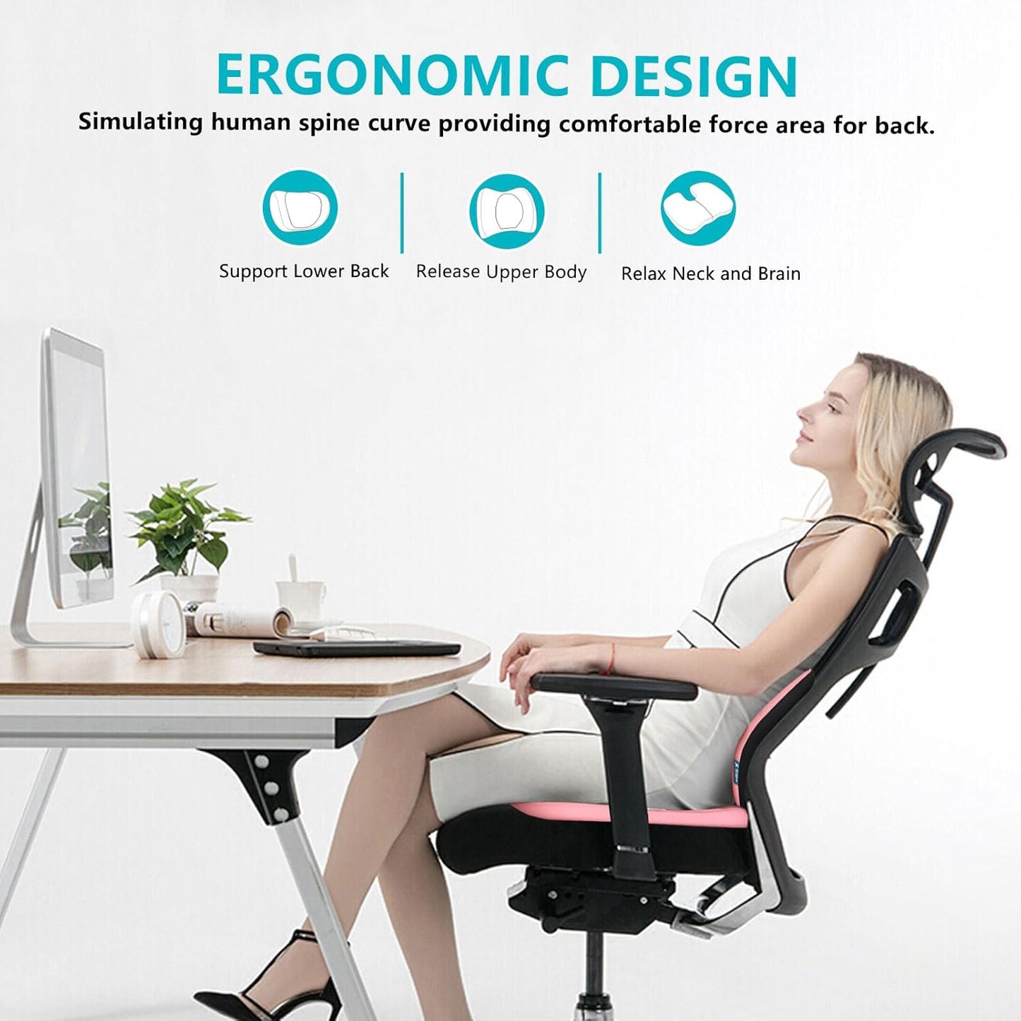 FLORICH 3 PCS Seat Cushion for Carseat Lumbar Support Pillow Car Neck Headrest Pillows Memory Foam Seat Pads Pressure Relief Back Cushion for Office Chair(Pink)