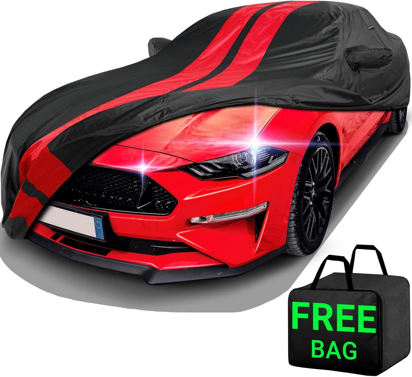 iCarCover Custom Car Cover Compatible with Mustang 2005-2025, Waterproof All Weather Rain Snow UV Sun Protector Full Exterior Indoor Outdoor Car Covers, Stripe (Black/Red)